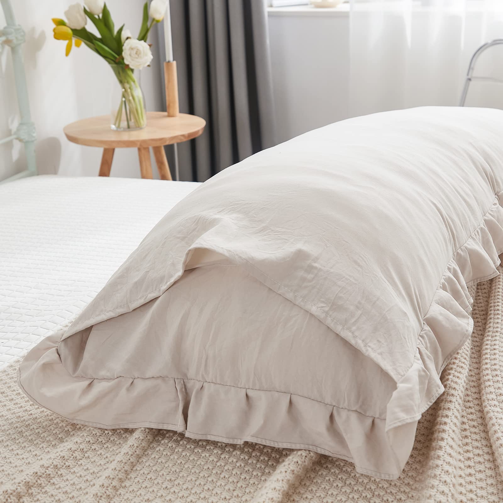 Beige Grey Ruffled Body Pillow Cover 20x54 Inches - Shabby Chic Decorative Pillowcase with Fringe Trim for Bedroom Decor | Perfect for Home, Dorm & Nursery