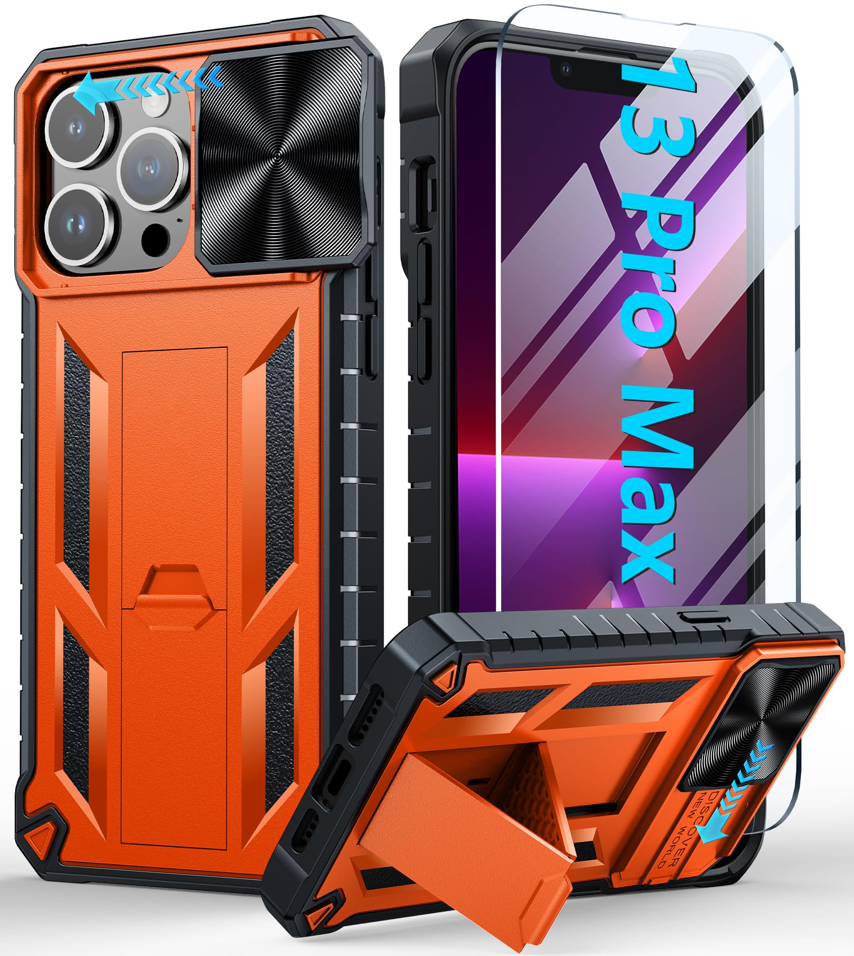 SOiOS Military Grade Shockproof iPhone 13 Pro Max Case with Kickstand & Slider - Rugged Heavy Duty Protective Phone Cover (Orange) | Perfect for Outdoor Adventures, Construction Work & Extreme Sports Protection