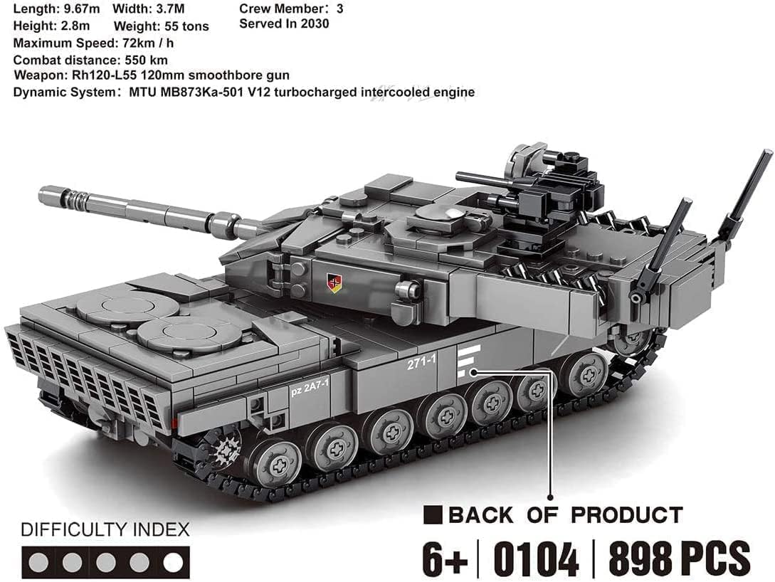 Leopard 2A7+ Tank Building Blocks Set - 898 Piece Military Model Kit with 4 Soldier Figures | STEM Educational Construction Toy for Kids & Adults | Perfect for WW2 History Enthusiasts, Birthday Gifts & Collector Displays