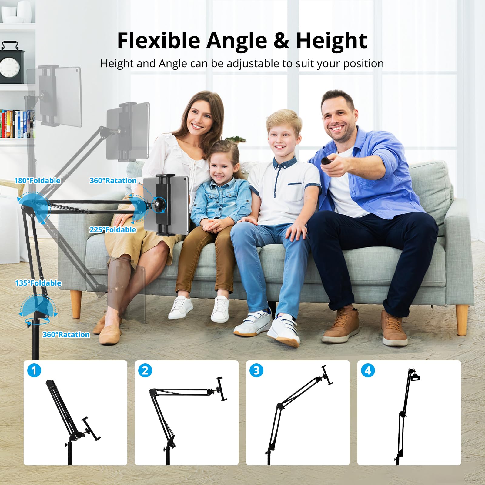 Adjustable Metal Tablet Floor Stand & Overhead Bed Phone Mount - Universal Holder for iPad, iPhone X, iPad Pro, Kindle (4.5-12.9