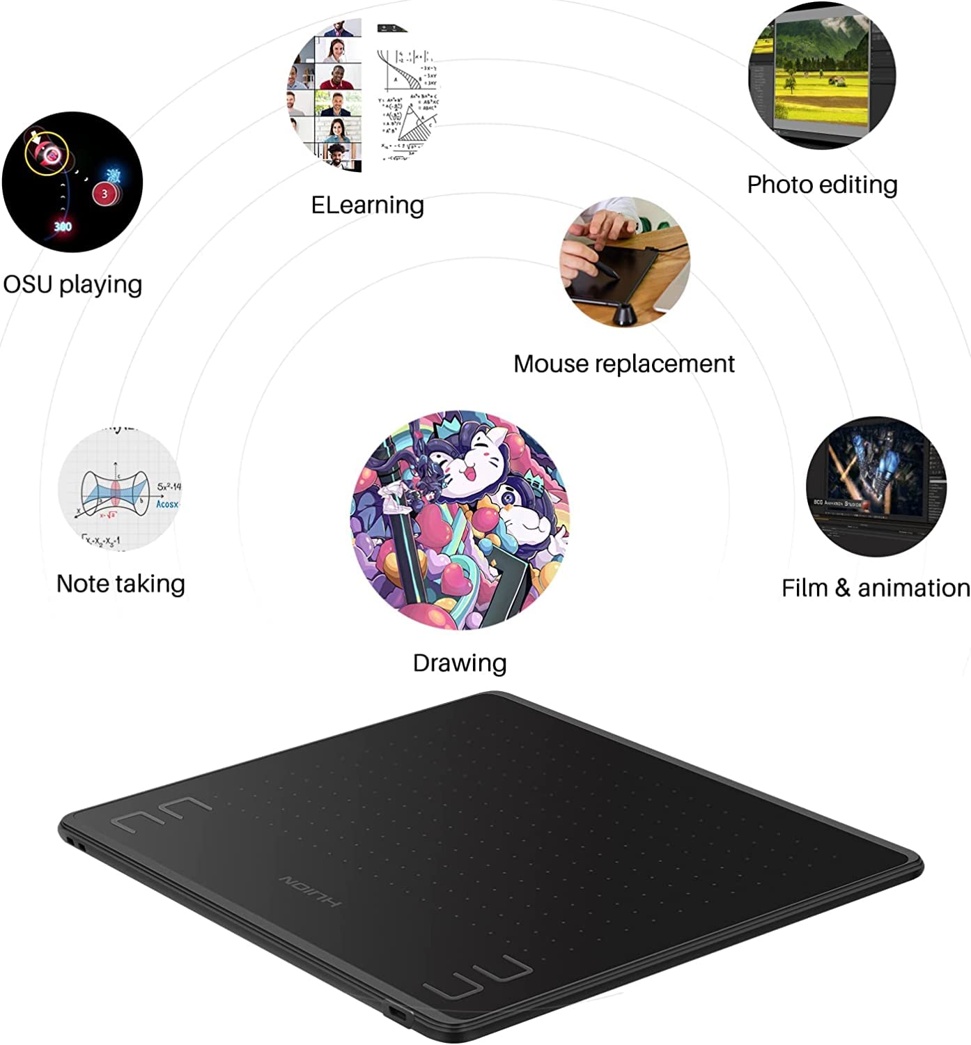 HUION HS64 Drawing Tablet with Battery-Free Stylus - 8192 Pressure Sensitivity for Digital Art, Painting & Design - Compatible with Windows, Mac, Android & Linux - Perfect for Beginners, OSU Gaming, and Professional Graphic Design (Black)