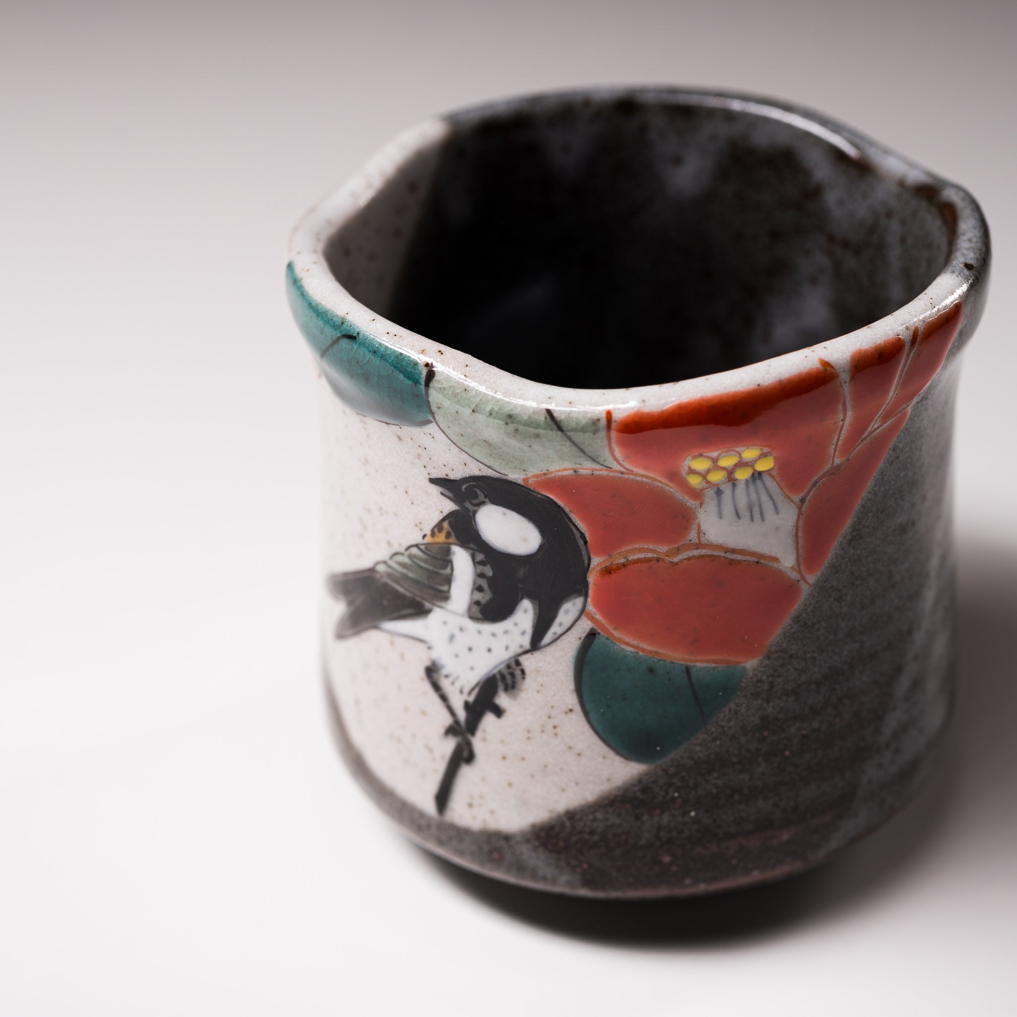 Authentic Japanese Kutani Ware Yunomi Tea Cup - Hand-Painted Chickadee Design, Ceramic Tea Mug for Hot & Cold Drinks | Perfect for Japanese Tea Ceremony, Home Decor, or Gift