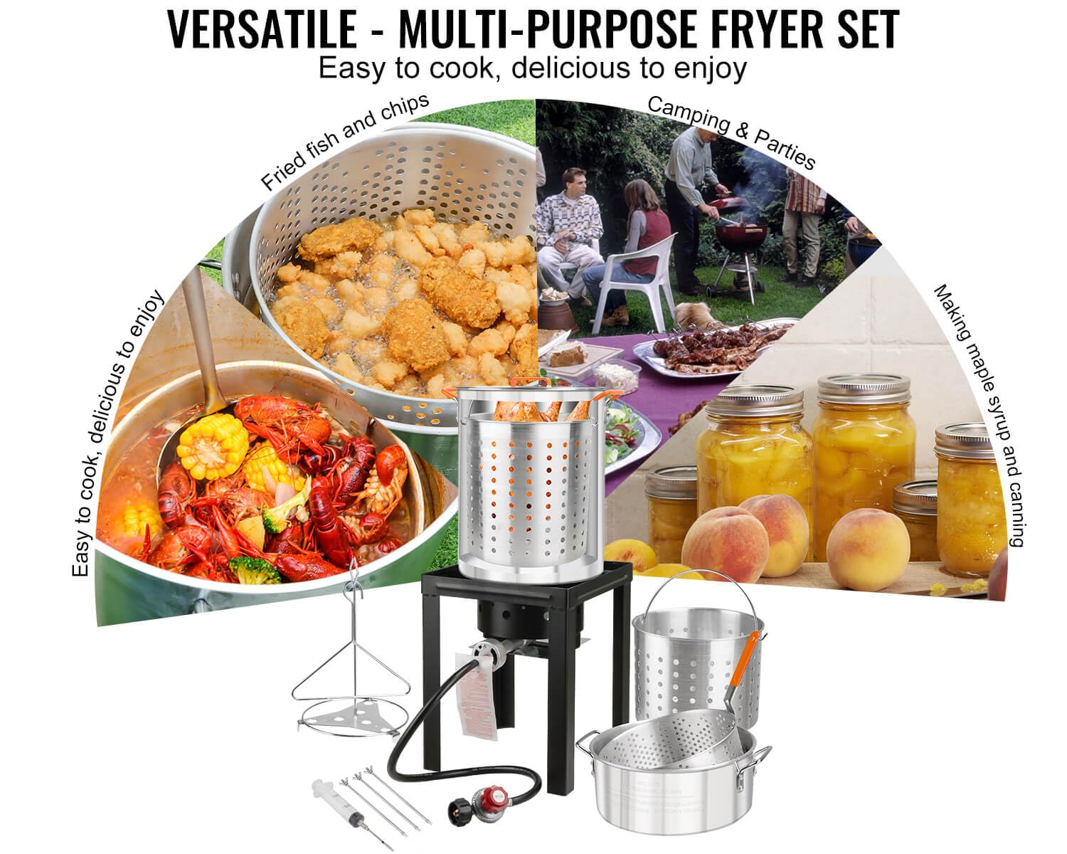 30QT & 10QT Deep Turkey Fryer Set with Basket - Seafood Boil Pot, Crawfish Boiler Kit with Large Steamers & 54,000BTU High Output Burner for Outdoor Cooking, Camping, Thanksgiving Parties, Backyard Gatherings and Family BBQs