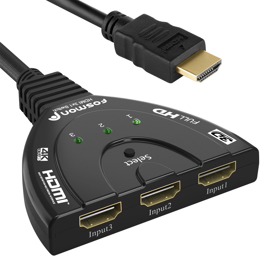Fosmon 4K HDMI Switch 3 Port with Pigtail Cable - Supports 4K Ultra HD, HDCP, 30Hz - Compatible with HDTV, PS5, Xbox, Fire Stick - Perfect for Home Theater & Gaming Setup