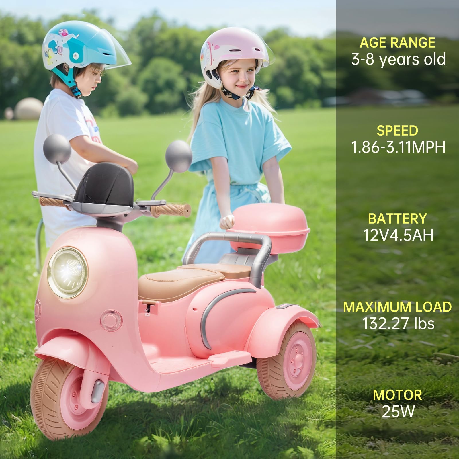 12V Kids Electric Motorcycle - 2 Seats, 3 Wheels with Bluetooth & Lights for Ages 3+ | Outdoor Ride-On Toy