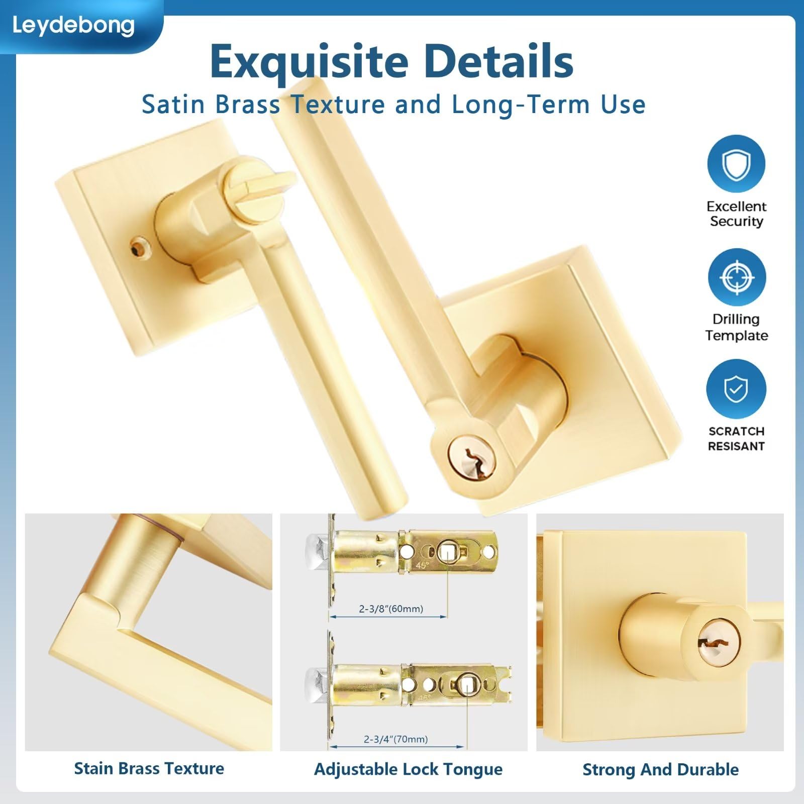 Heavy Duty Door Lever Set - 4 Pack, Satin Brass Finish for Office & Front Door Entry