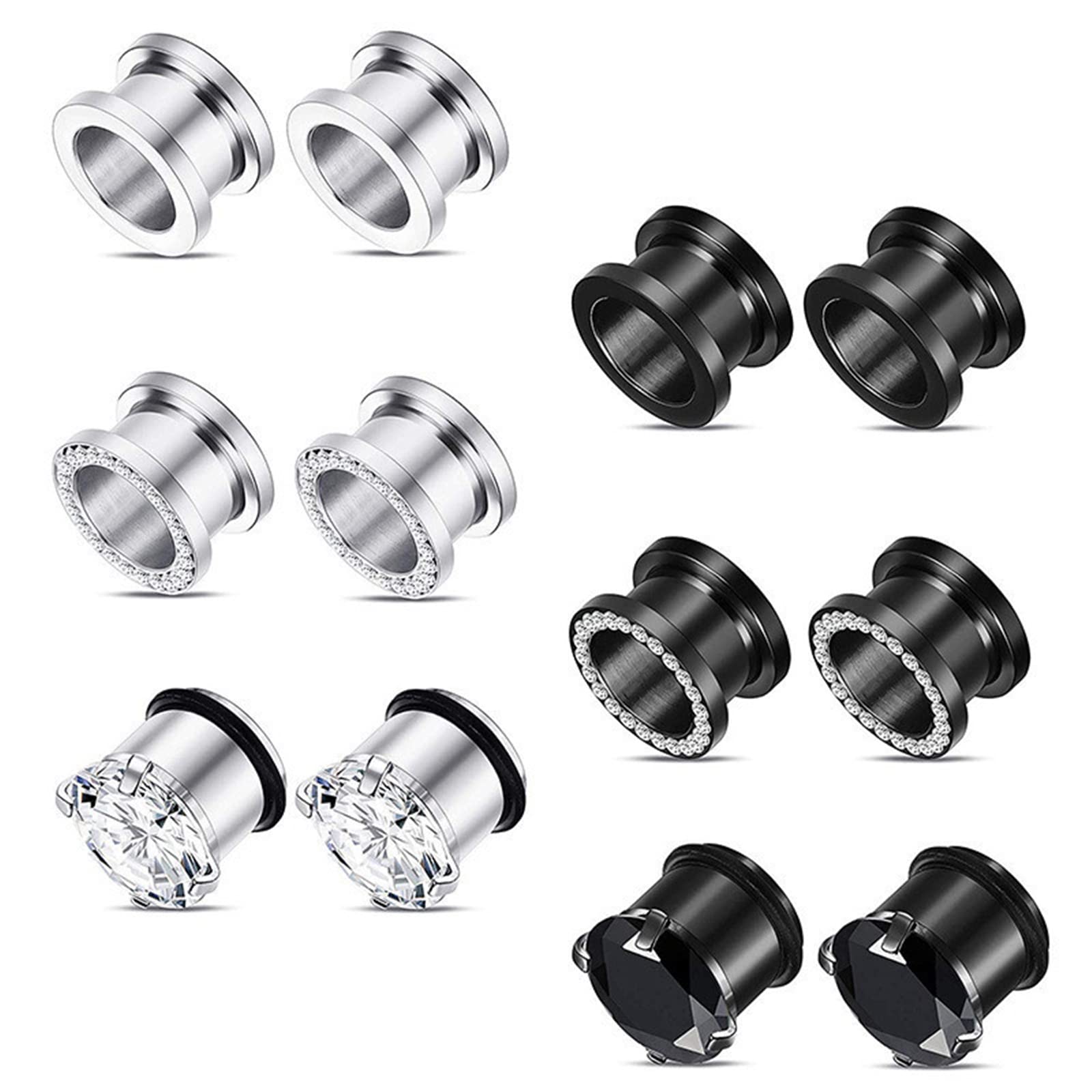 12PCS Black Gauge Plugs for Men - Silver Black Hoop Ear Gauges with Cubic Zirconia | Body Piercing Tunnels for Stretching | Perfect for Everyday Wear and Alternative Fashion Style