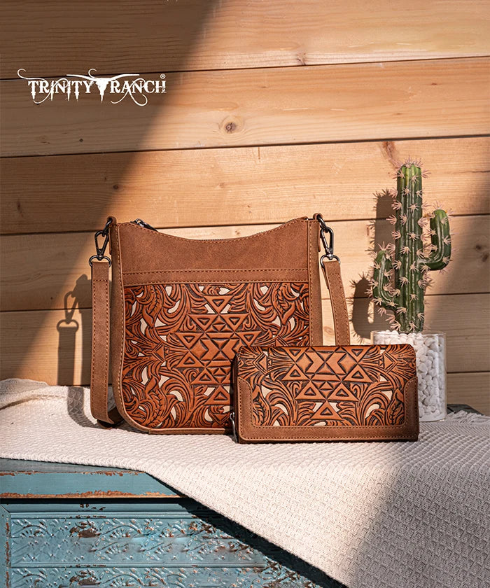 Trinity Ranch Tooled Leather Crossbody Bag Set for Women - Western Style Handbag Purse with Adjustable Strap - Perfect for Travel, Shopping & Everyday Use