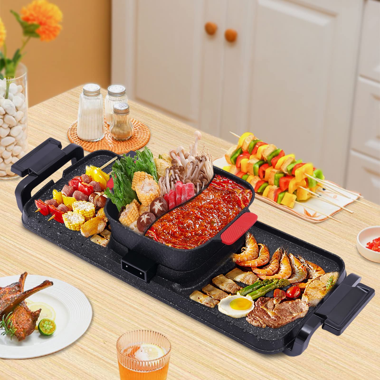 2-in-1 Electric Grill and Hot Pot Combo with Dual Temperature Control - 5 Adjustable Heat Settings for Korean BBQ, Teppanyaki & Shabu Shabu - Perfect for Family Dinners, Parties & Indoor Cooking