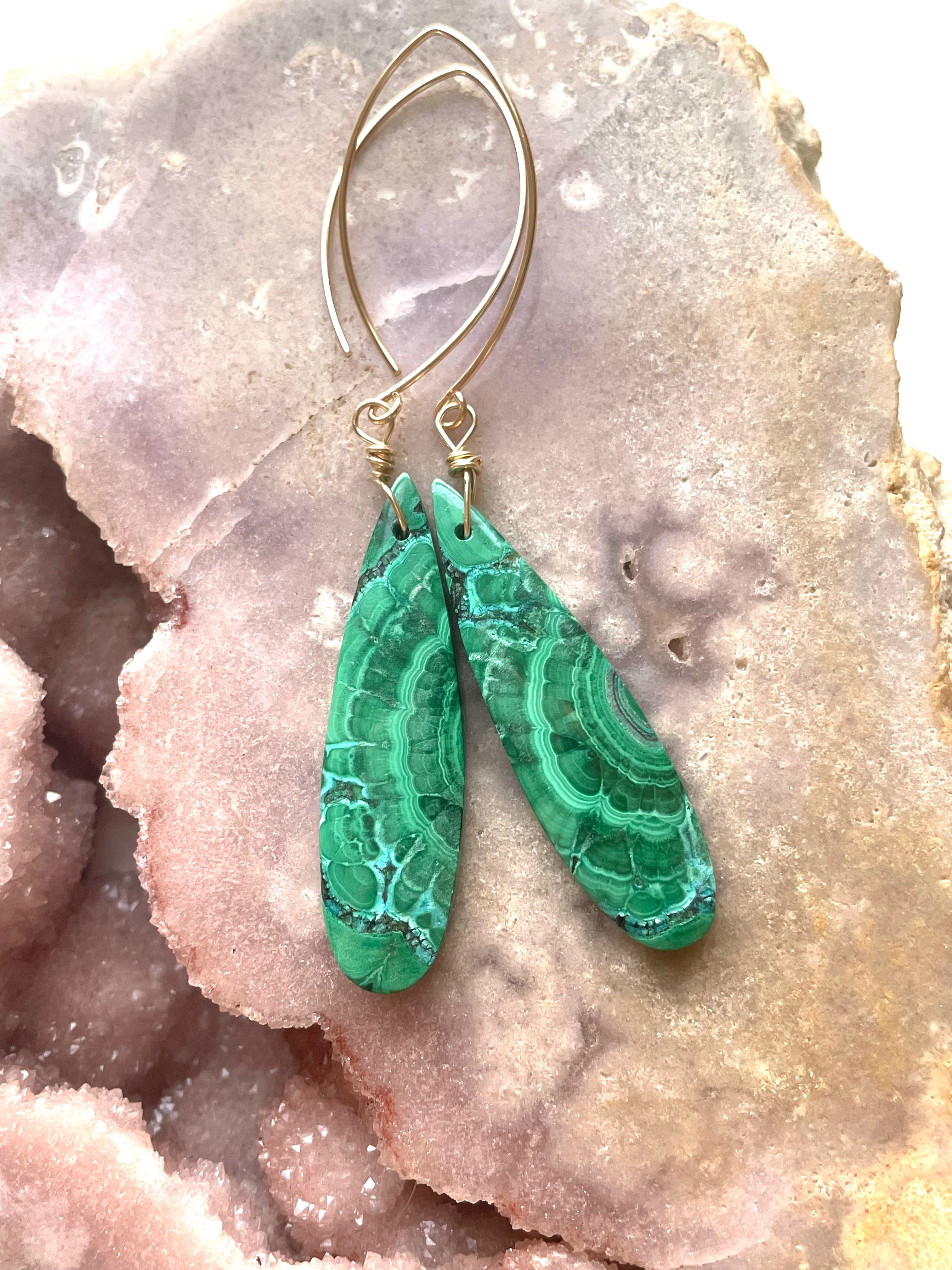 14K Gold Filled Malachite Crystal Dangle Earrings - Elegant Green Gemstone Jewelry for Women, Gift for Her, Perfect for Parties & Special Occasions
