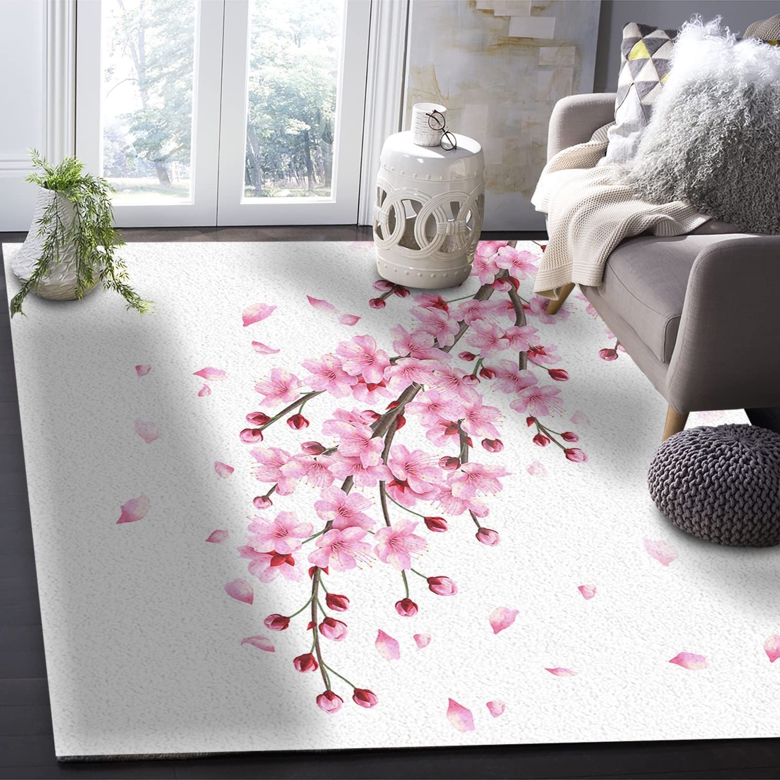 Spring Cherry Blossom Area Rug - Soft Washable Pink & White Floral Carpet for Nursery, Bedroom & Living Room - 6.6' x 5.3' Home Decor - Perfect for Kids' Rooms, Dorm Decor & Cozy Living Spaces
