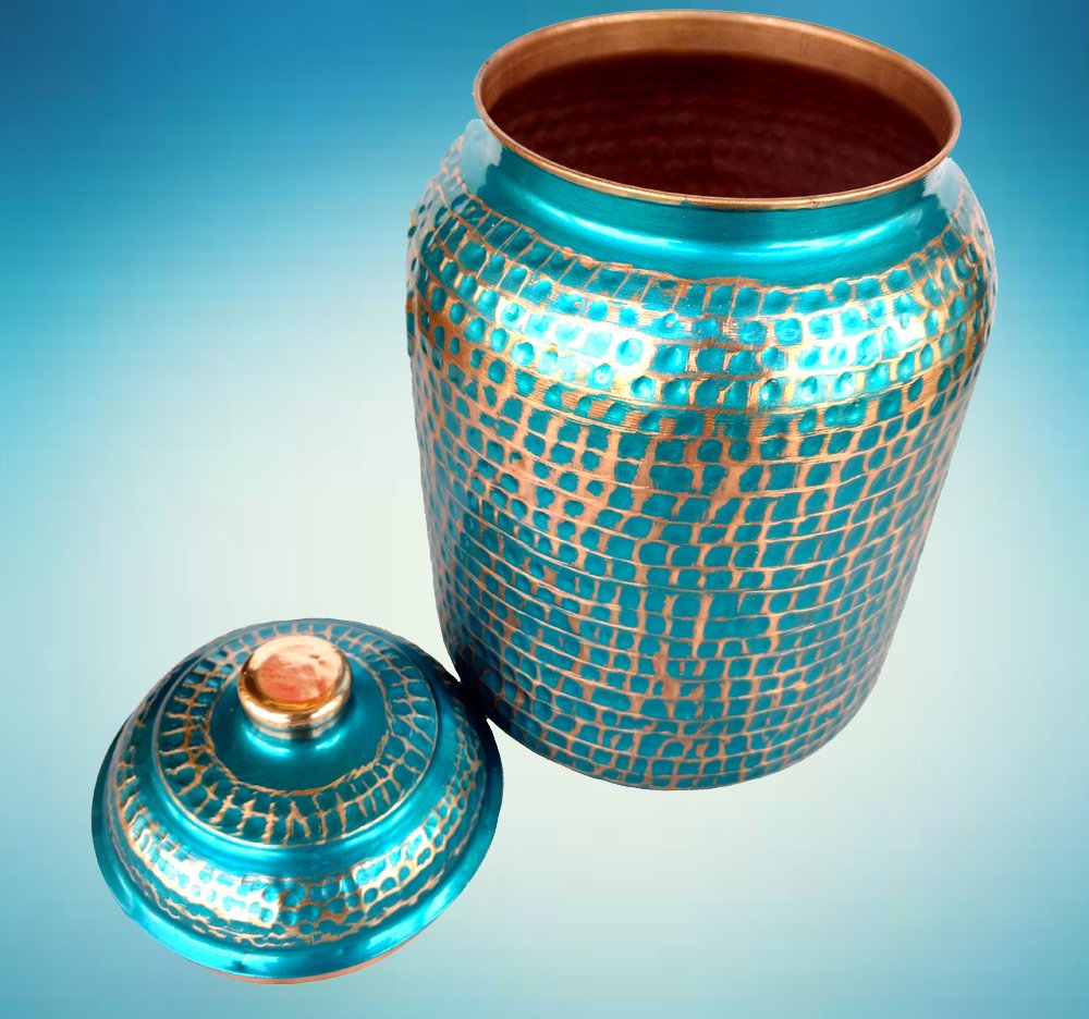 Pure Copper Hammered Water Storage Tank & Bottle Set - 4 Liter Capacity, Blue Pot with Tumbler - Traditional Handcrafted Copperware for Ayurvedic Water Purification, Home Decor & Wellness Rituals