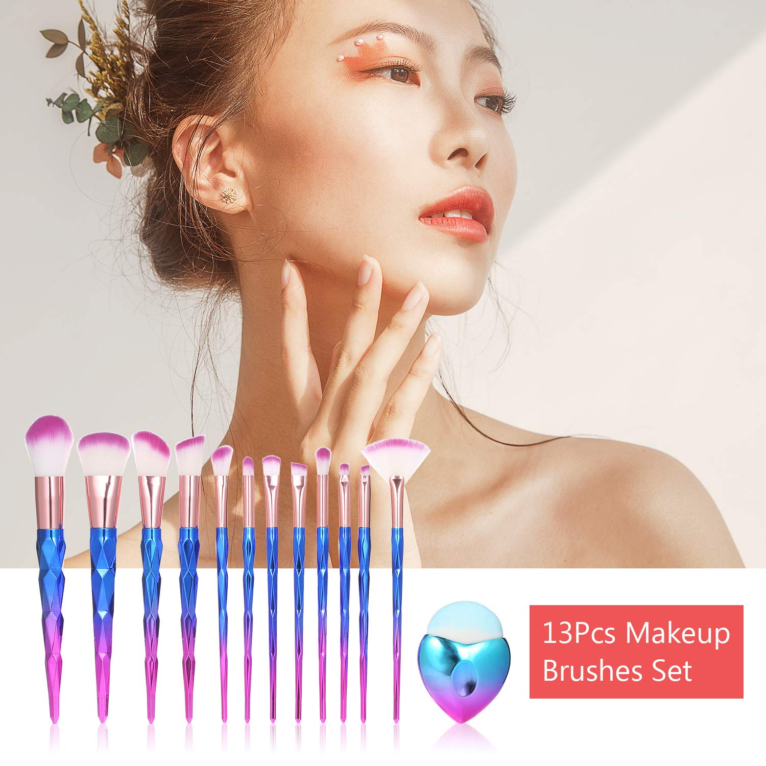 13Pcs Synthetic Makeup Brushes Set with Travel Bag - Foundation, Powder, Eye Cosmetic Brushes (Multicolor) by POOWE - Perfect for Professional Makeup Artists & Beginners, Home & Travel Use