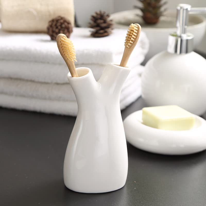 5-Piece Ceramic Bathroom Set - Soap Dish, Toothbrush Holder, Cup, Soap Dispenser & Tray - Elegant Vanity Organizer for Sink Countertop, Spa-Like Shower Decor