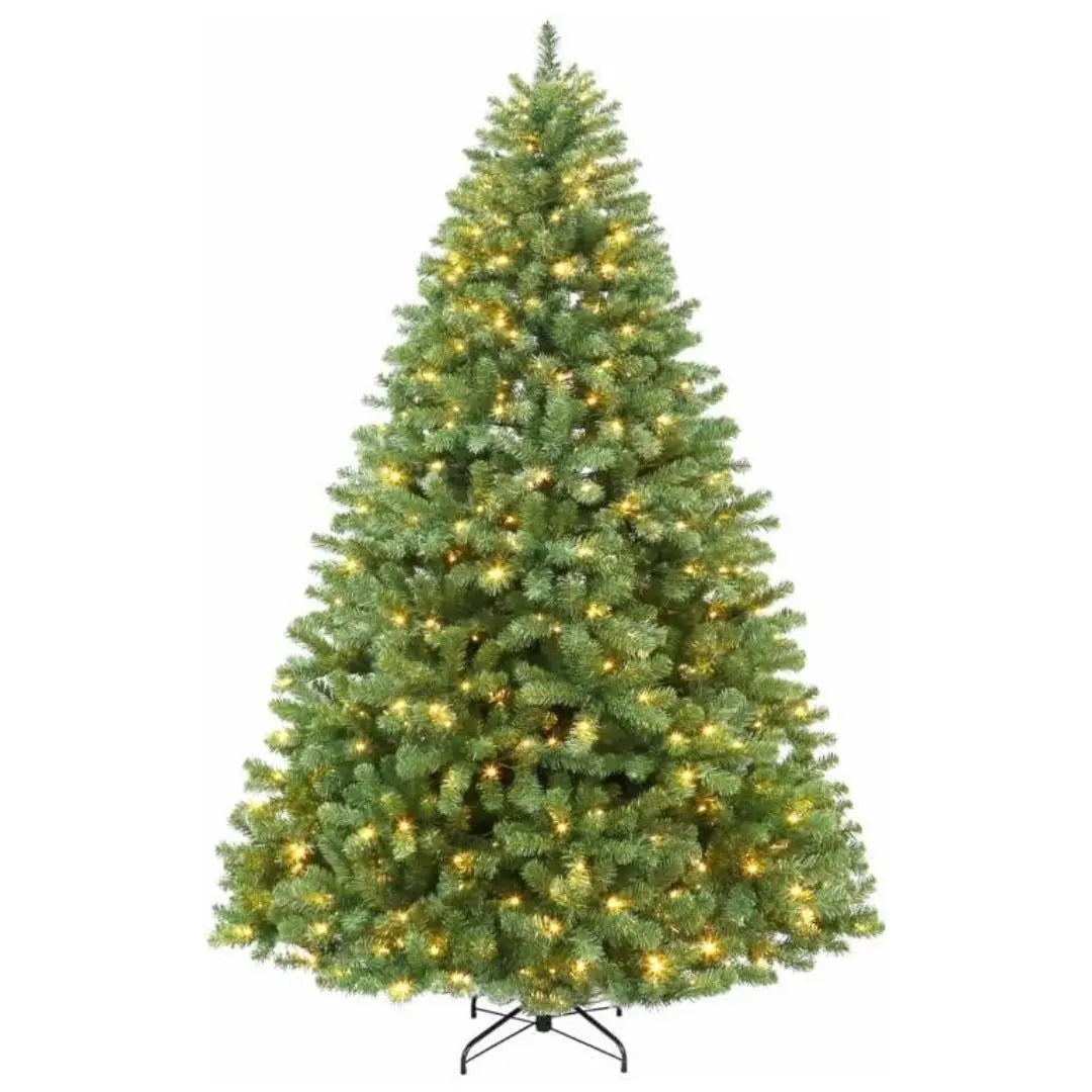 6.5'/7.5'/9' Pre-Lit Artificial Christmas Tree with Warm White LED Lights, Metal Stand & Hinged Branches - Perfect for Home, Office & Holiday Decorations