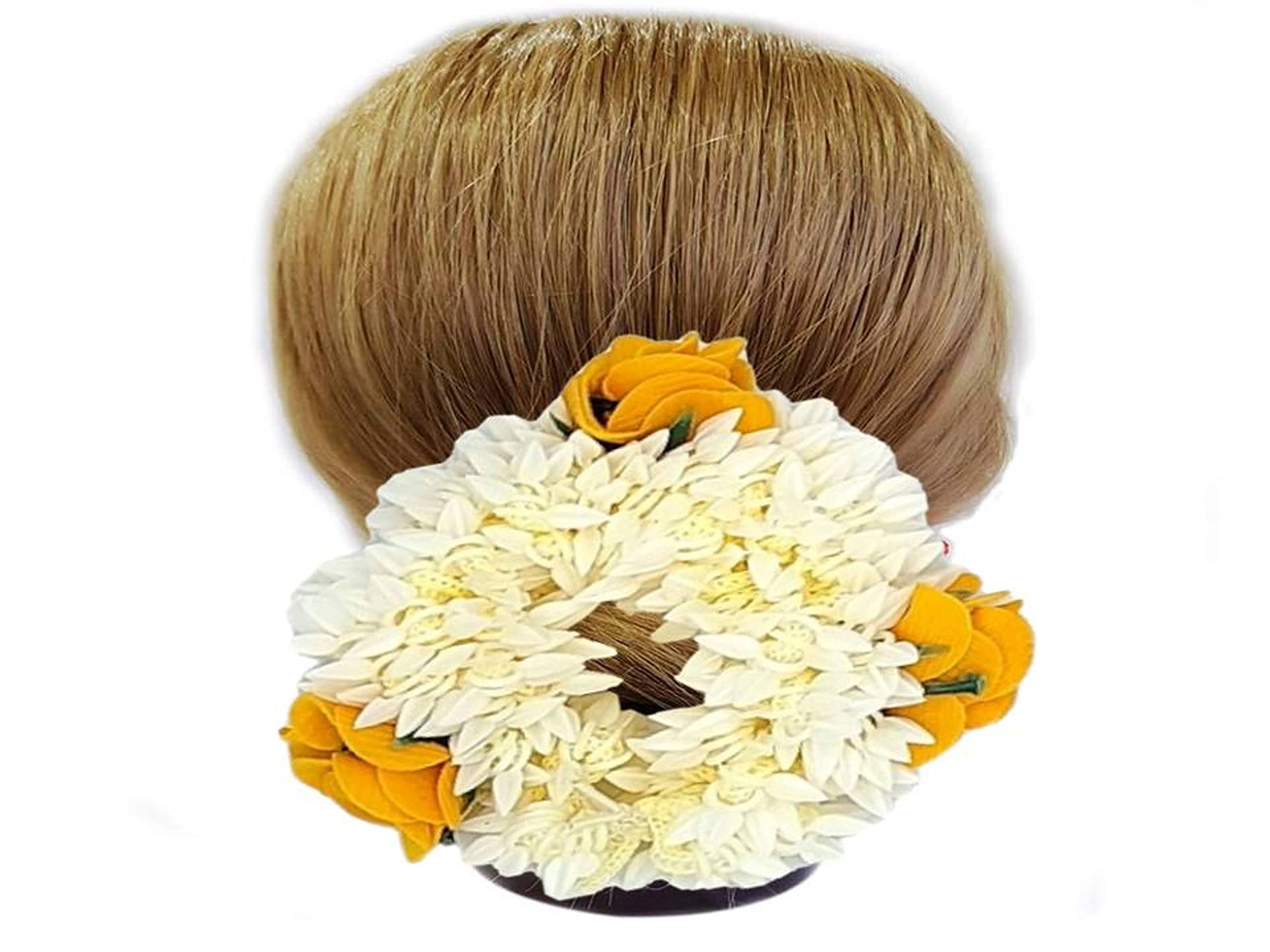 3-Pack White & Yellow Artificial Flower Hair Scrunchies for Women - Mogra & Gajra Style Hair Bun Accessories - Perfect for Weddings, Parties & Boho Fashion Looks