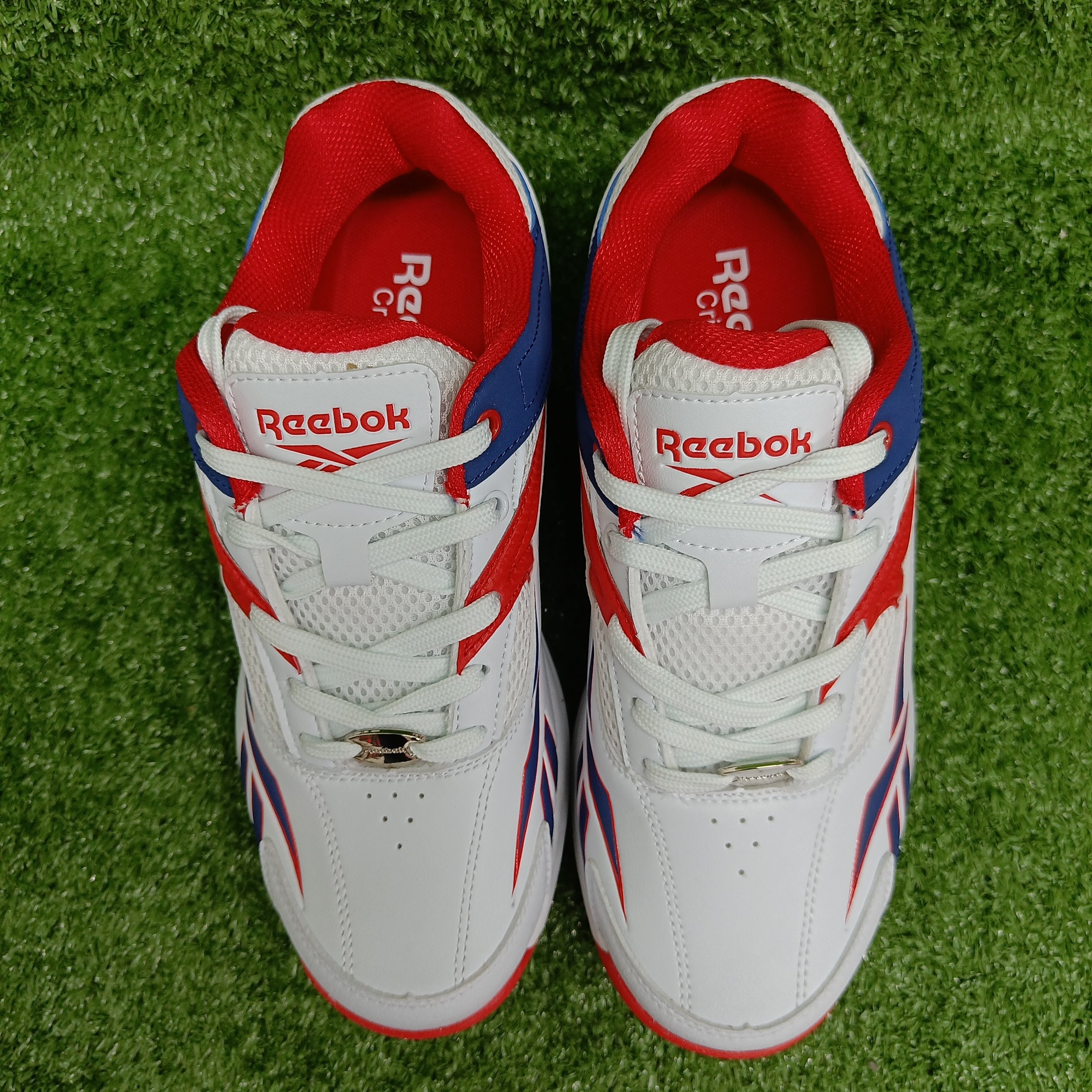 Reebok Not Out Syndicate Cricket Shoes - White/Blue/Red Metal Spike Cleats for Men | Perfect for Professional Matches & Training Sessions