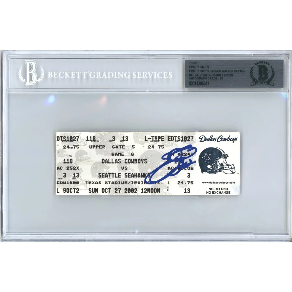 Emmitt Smith Signed Dallas Cowboys Rushing Record Breaking Game Ticket 10/27/02 - BAS 10 Authentic Autograph - Perfect for NFL Memorabilia Collectors and Cowboys Fans Display