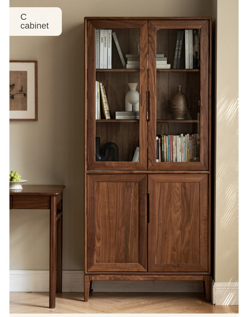 Premium Black Walnut & Ash Solid Wood Bookcase with Dust-Proof Glass Doors - Stylish Home Office & Living Room Storage Solution