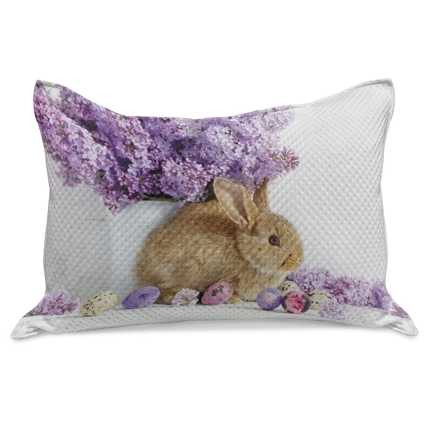 Ambesonne Easter Bunny Knitted Quilt Pillow Cover - Rabbit with Lilac Flowers & Easter Eggs Spring Design - King Size 36