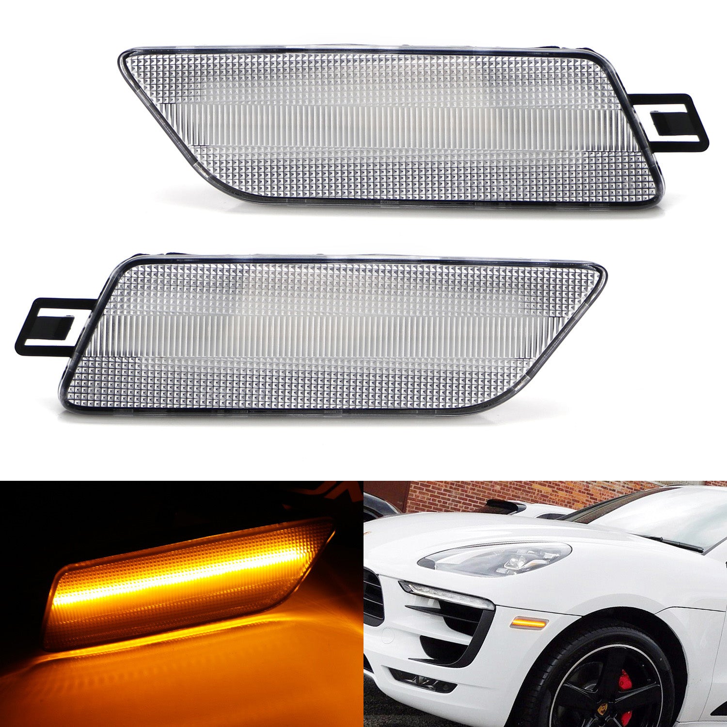 Amber LED Side Marker Lights for 2014-2024 Porsche Macan - Clear Lens Bumper Light Kit - Enhance Visibility & Style for Night Driving & Car Shows