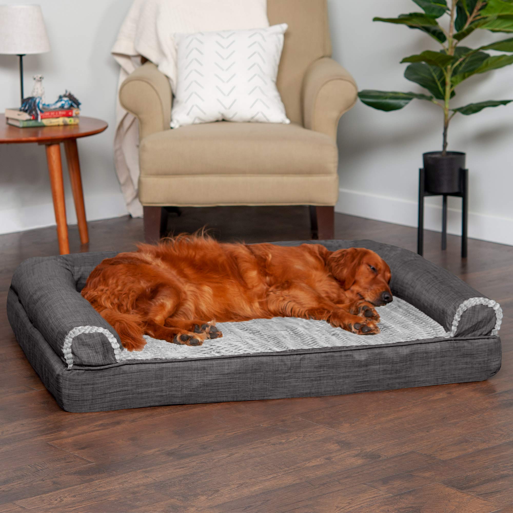 Furhaven Orthopedic Memory Foam Dog Bed for Large Dogs Up to 95 lbs - Removable Bolsters & Machine Washable Cover - Plush Faux Fur & Cooling Linen Sofa Style - Charcoal Grey (Jumbo/XL) - Perfect for Living Room, Bedroom or Pet-Friendly Office Spaces