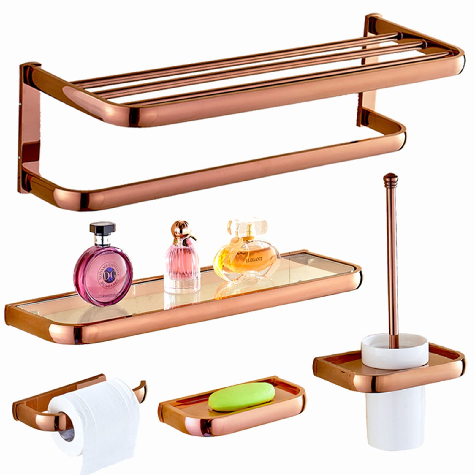 Premium 5-Piece Rose Gold Brass Bathroom Accessories Set - Wall Mounted Towel Rack, Toilet Paper Holder & Bathroom Hardware for Modern Home Decor | Perfect for Guest Bathrooms, Master Suites & Spa-Style Retreats