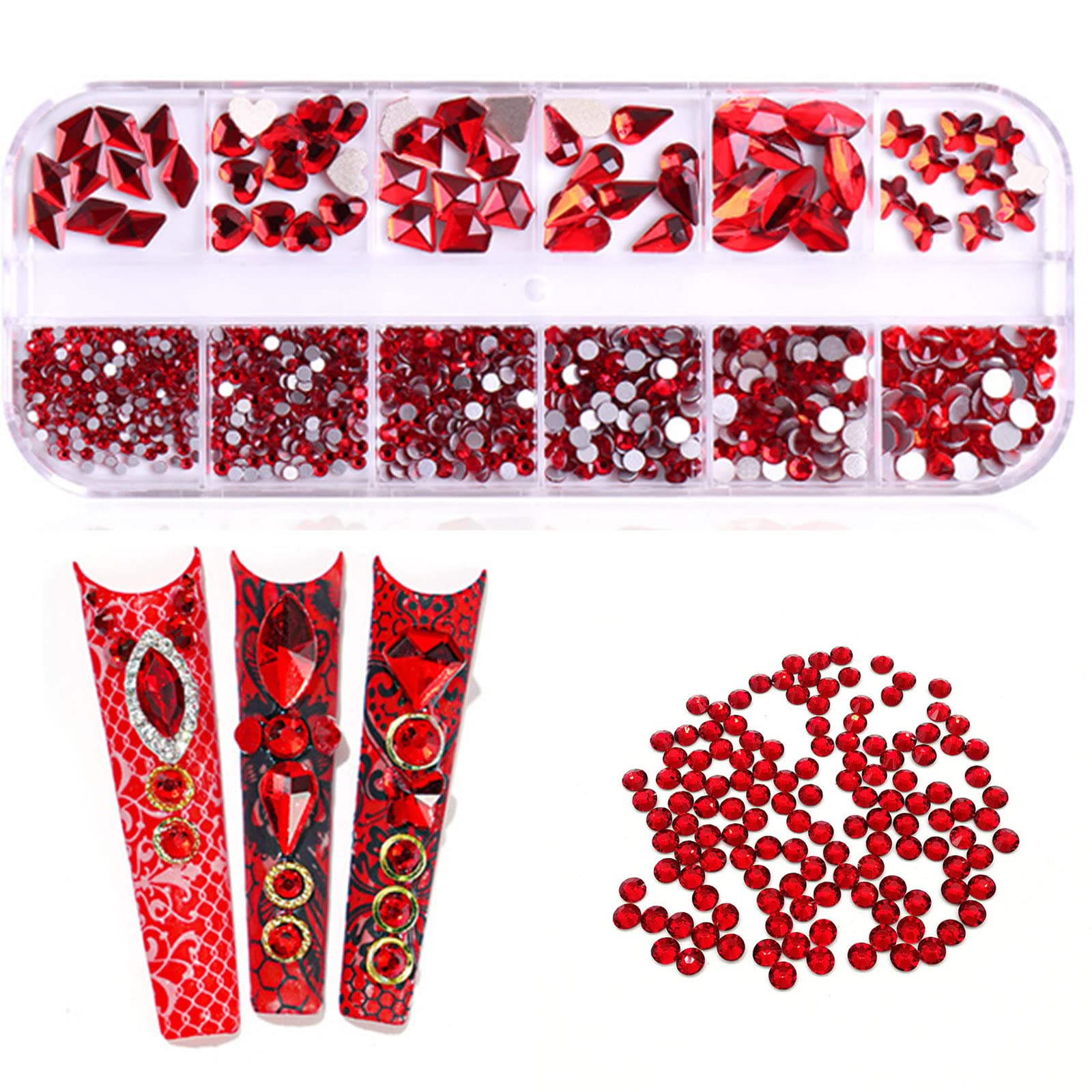 BELICEY 810PCS Red Nail Rhinestones Kit - Multi-Shape Nail Gems with Hearts & Butterflies for Nail Art, DIY Crafts, Clothing Decoration | Perfect for Salon Professionals & Home Manicures