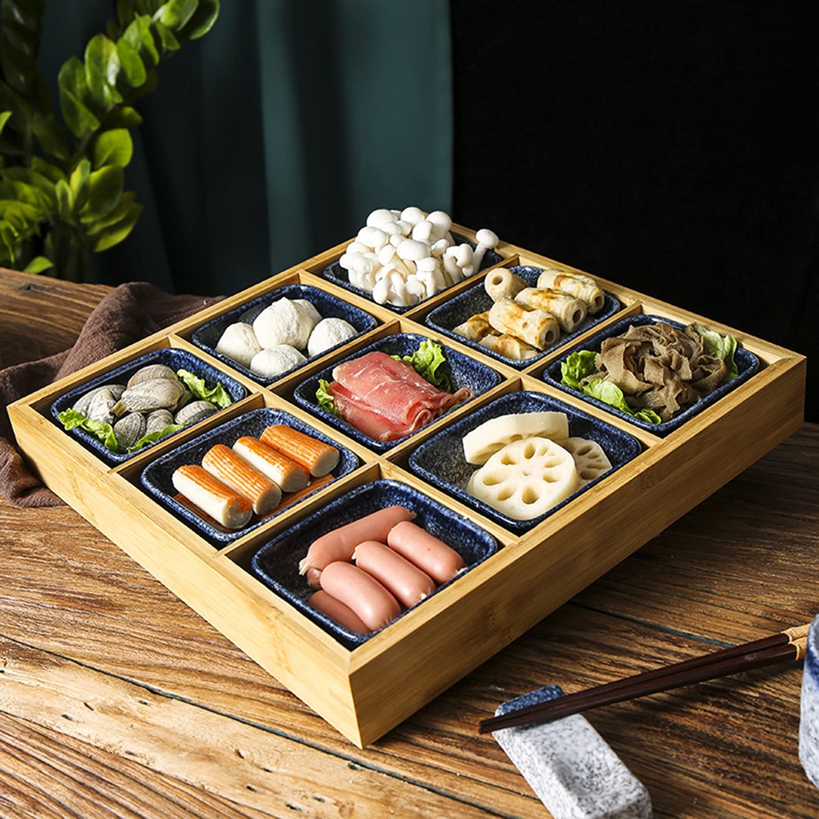AIZYR Ceramic Snack Serving Platter with Wooden Tray - Elegant Sushi Appetizer Display Plate for Home, Restaurant & Party Use - Perfect for Entertaining, Hors d'Oeuvres & Charcuterie Boards