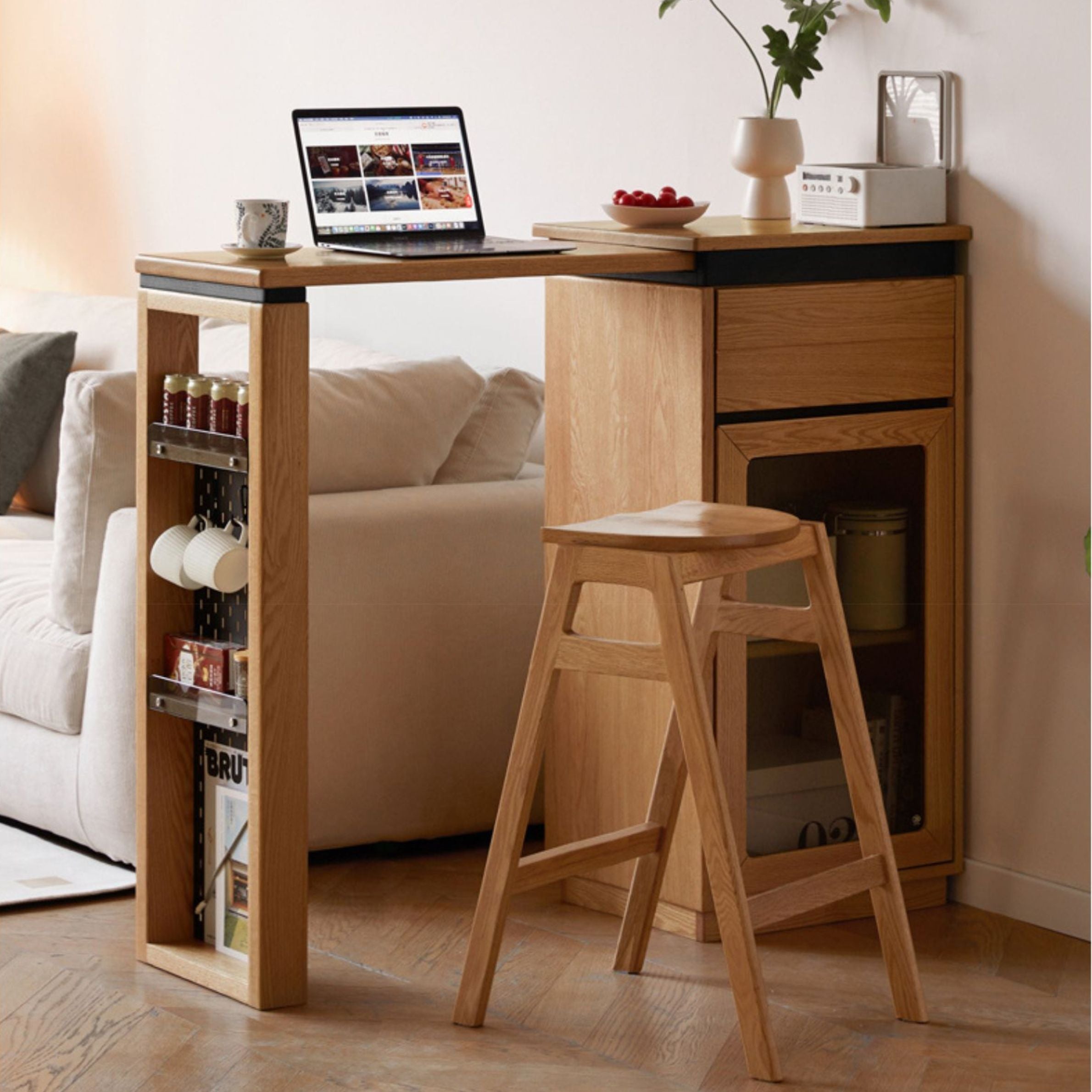 Solid Oak Wood Extendable Bar Table - Adjustable Height for Kitchen, Dining Room & Home Office - Perfect for Small Spaces & Entertaining