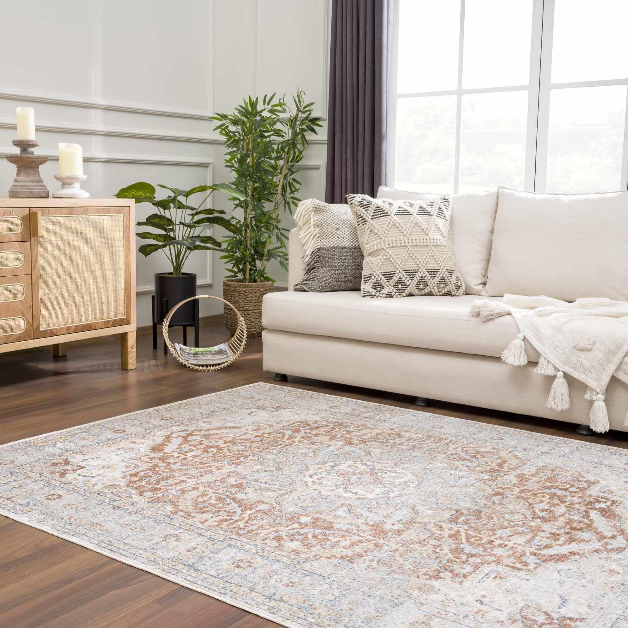 Hauteloom Emke Boho Oriental Medallion Area Rug - Traditional Floral Machine Washable Carpet for Living Room, Bedroom, Dining Room - Beige & Gray Round Rug 6'7