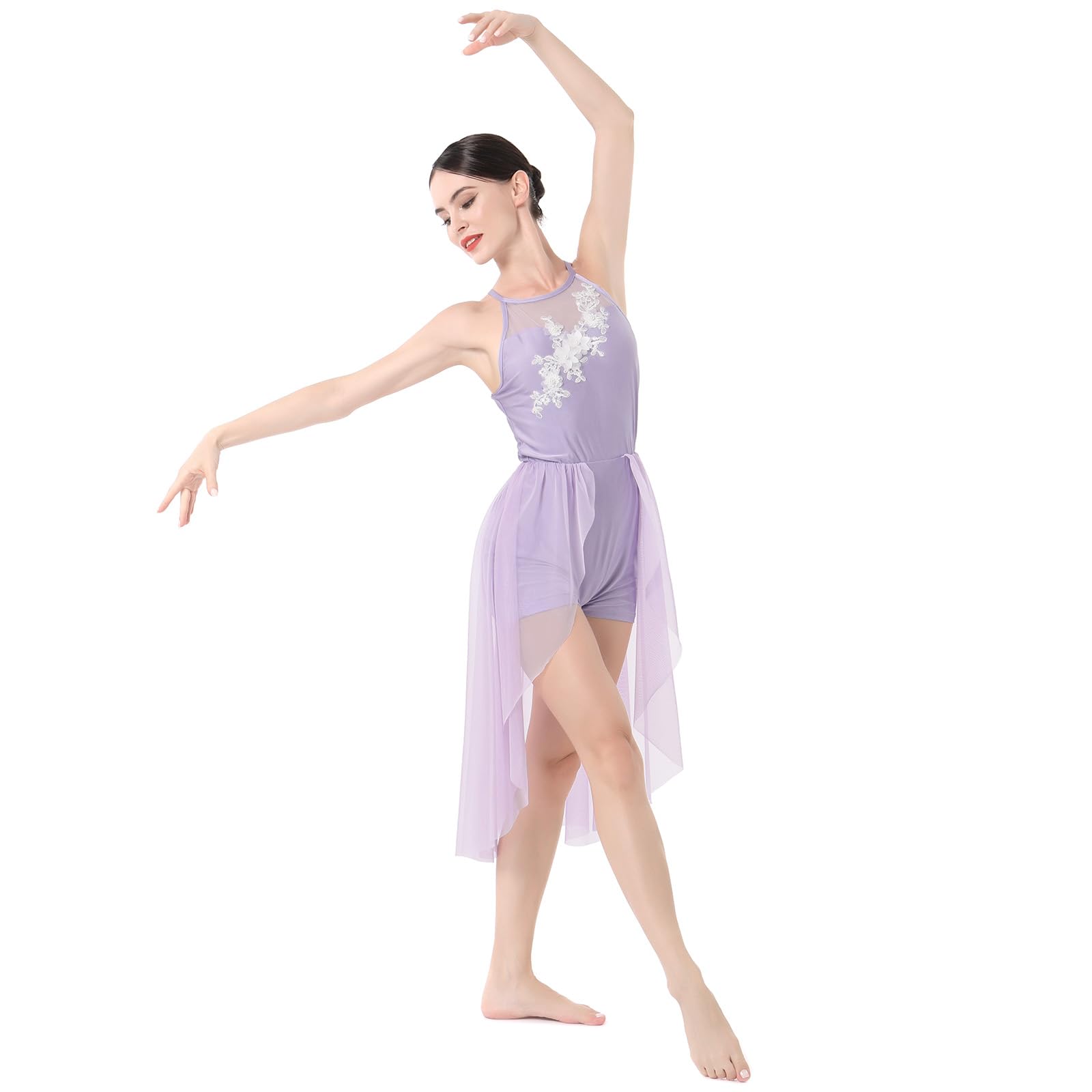 Elegant Lyrical Dance Dress for Women - Halter Neck Floral Contemporary Ballet Costume with Flowy Tulle Skirt & Boyshorts | Perfect for Performances, Recitals & Dance Competitions