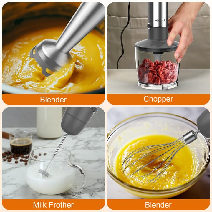 KOIOS 1000W 5-in-1 Immersion Hand Blender with Stainless Steel Blade - 12 Speed Settings & Turbo Mode - Includes 20oz Beaker, 17oz Chopping Bowl, Whisk & Milk Frother - BPA-Free - Perfect for Smoothies, Soups, Sauces & Baby Food