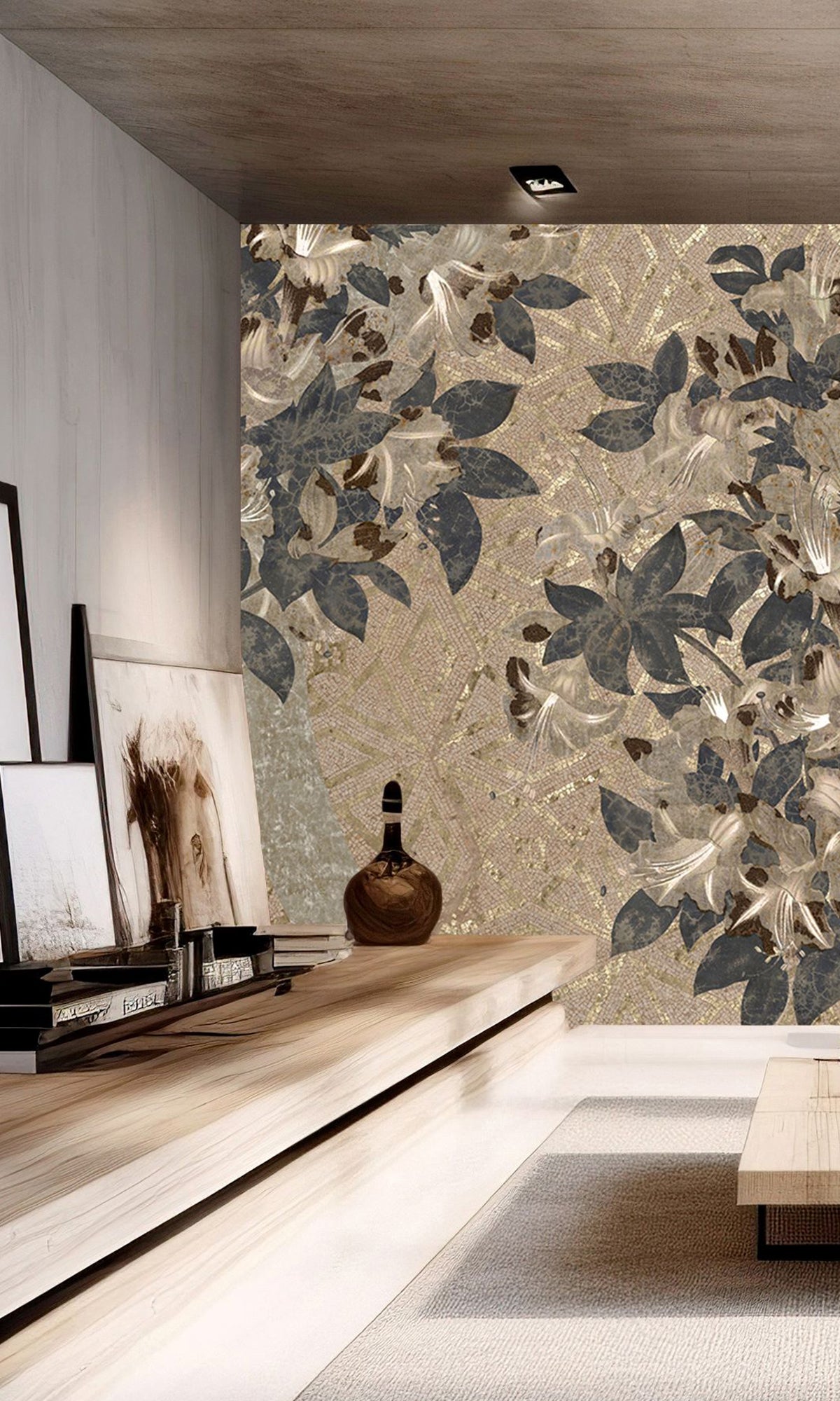 Ecru Geometric Floral Mosaic Mural Wallpaper M2576 - Peel and Stick Removable Wallpaper for Bedroom, Living Room, Nursery, Office Decor