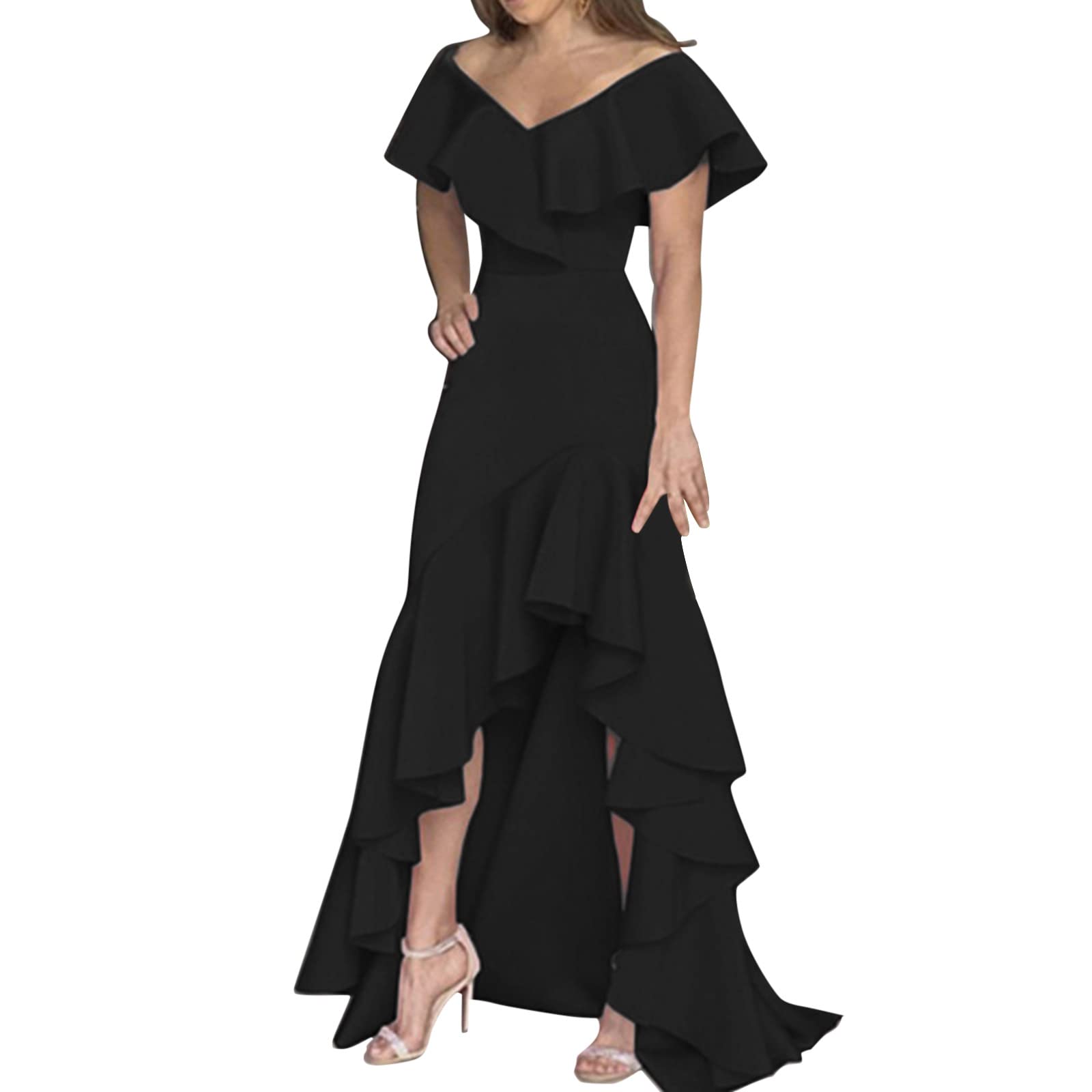 ETHKIA Women's Summer Casual Dress - V Neck Flowy Ruffle Long Party Dress with Asymmetrical Hem | Perfect for Beach Vacations, Evening Parties & Date Nights