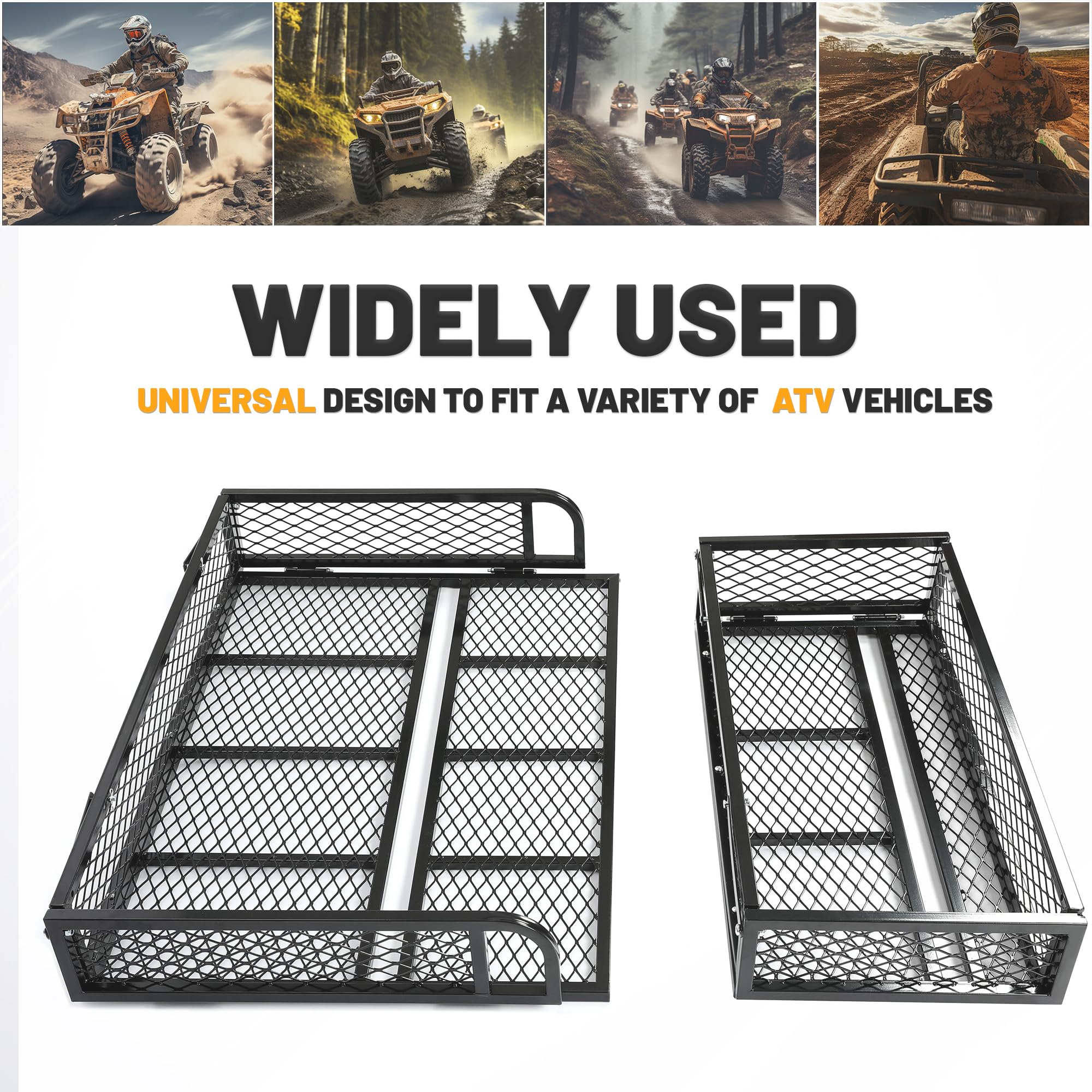 KUAFU Universal ATV Front and Rear Cargo Basket - Heavy Duty Black Steel Mesh Luggage Carrier Rack for Outdoor Adventures, Hunting, Camping and Off-Roading