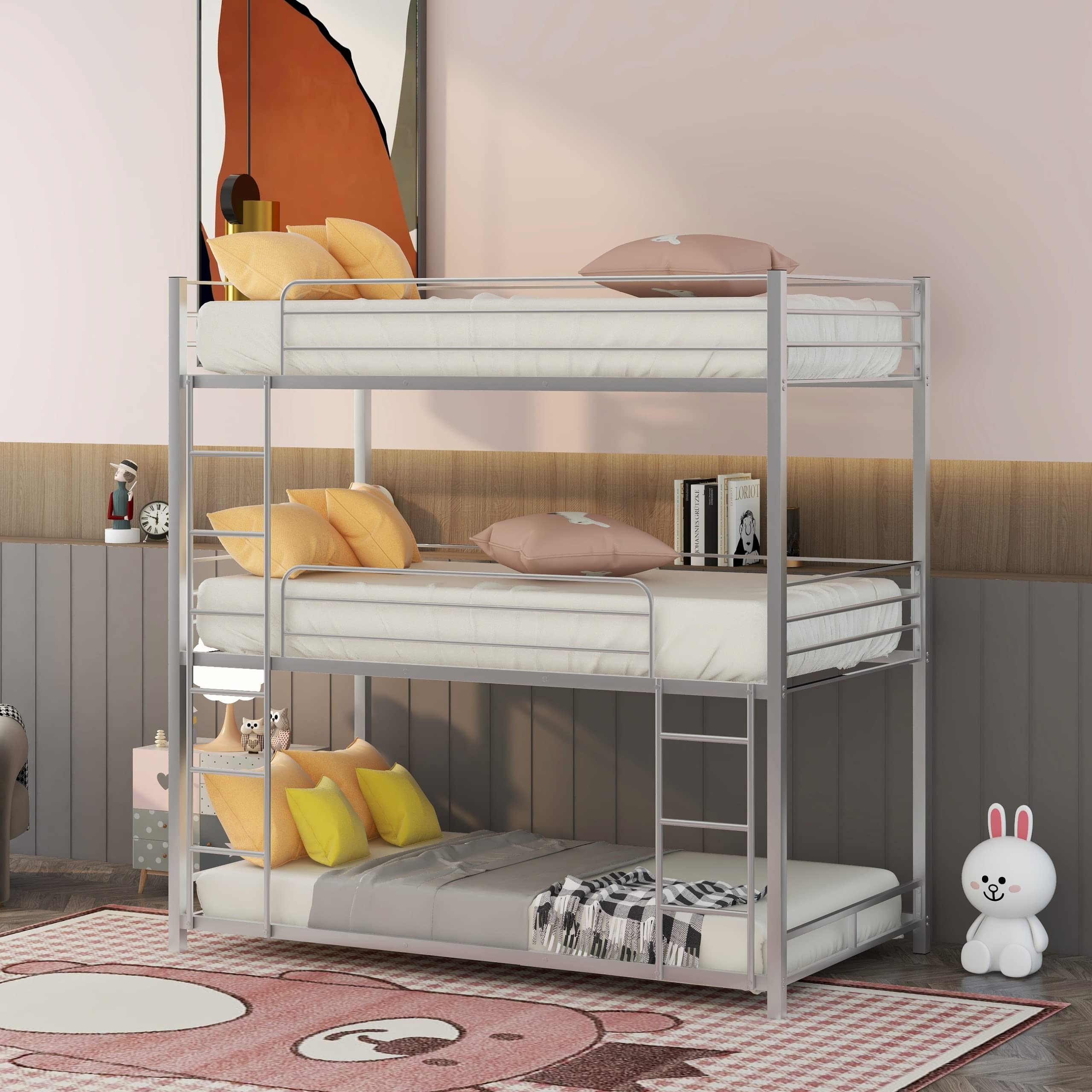 Metal Twin Size Triple Bunk Bed Frame - Twin Over Twin Over Twin with Built-in Ladder & Safety Guardrails for Kids, Teens, Boys & Girls (Silver) - Space Saving Solution for Dorms, Kids' Rooms & Small Apartments