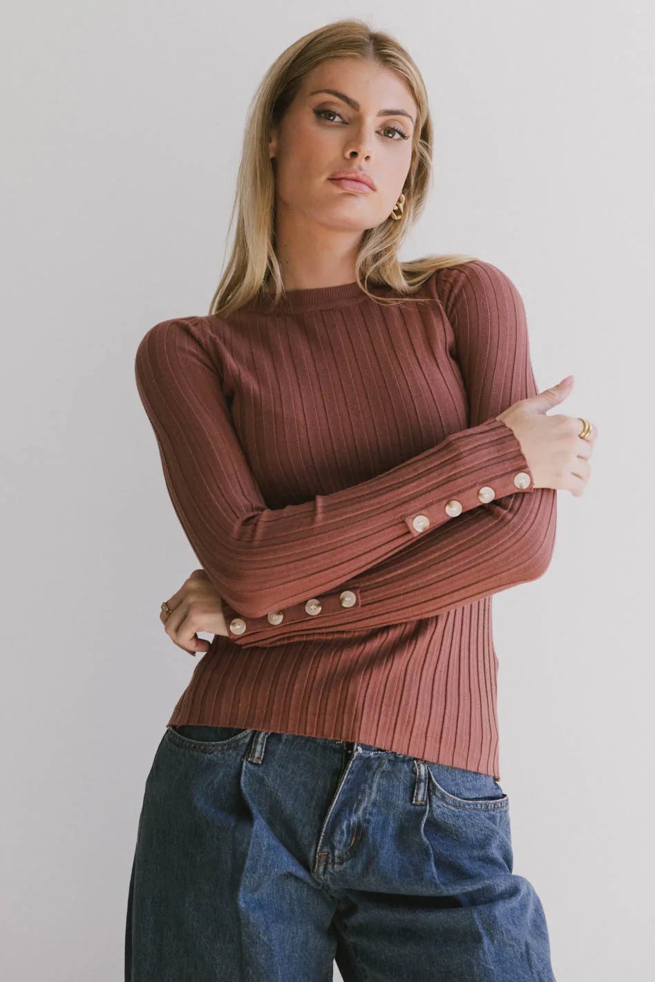 Brown Lonnie Button Sleeve Sweater for Women | Cozy Knit Cardigan | Perfect for Fall & Winter Layering | Office Wear & Casual Outfits