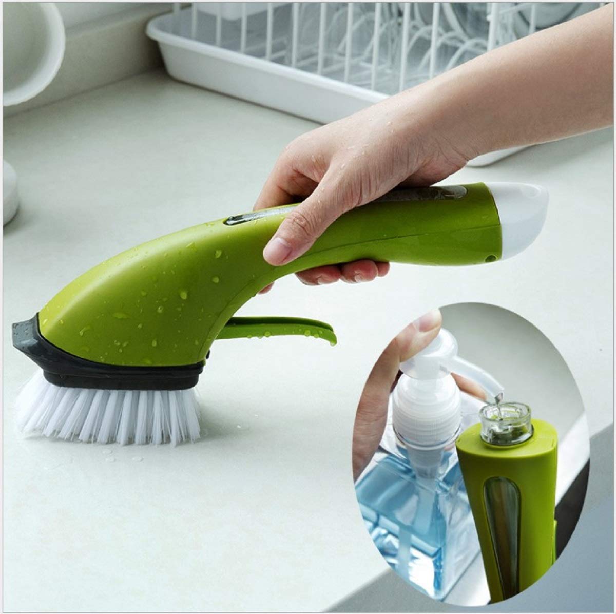 ELEOPTION Kitchen Sink Cleaning Brush with Soap Dispenser - Stainless Steel Pot Scrubber for Dishes, Stove, Tiles - Ergonomic Household Cleaning Brush (Green) - Perfect for Deep Cleaning Kitchen Sinks & Cookware