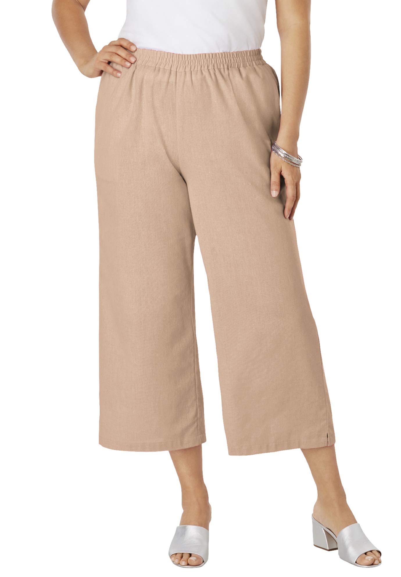 Jessica London Women's Plus Size Wide Leg Linen Crop Pants - Elastic Waist Comfort Fit for Summer - Perfect for Casual Outings, Beach Vacations & Office Wear