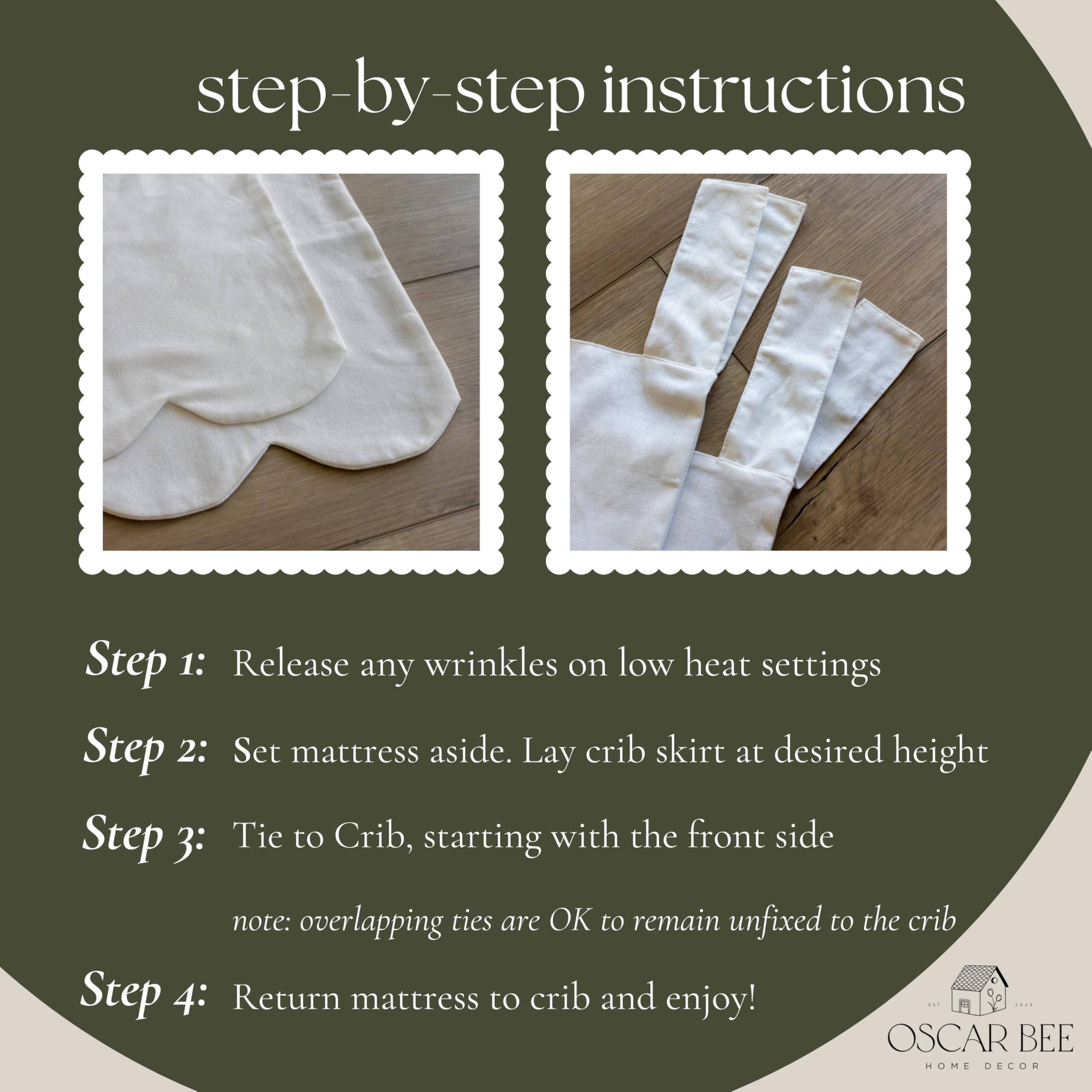 White Scalloped Crib Skirt (Front & Two Sides) - Adjustable Linen Crib Bed Skirt for Boys & Girls - Neutral Nursery Bedding - Dust Ruffle for Baby Crib - Perfect for Nursery Decor & Photoshoots