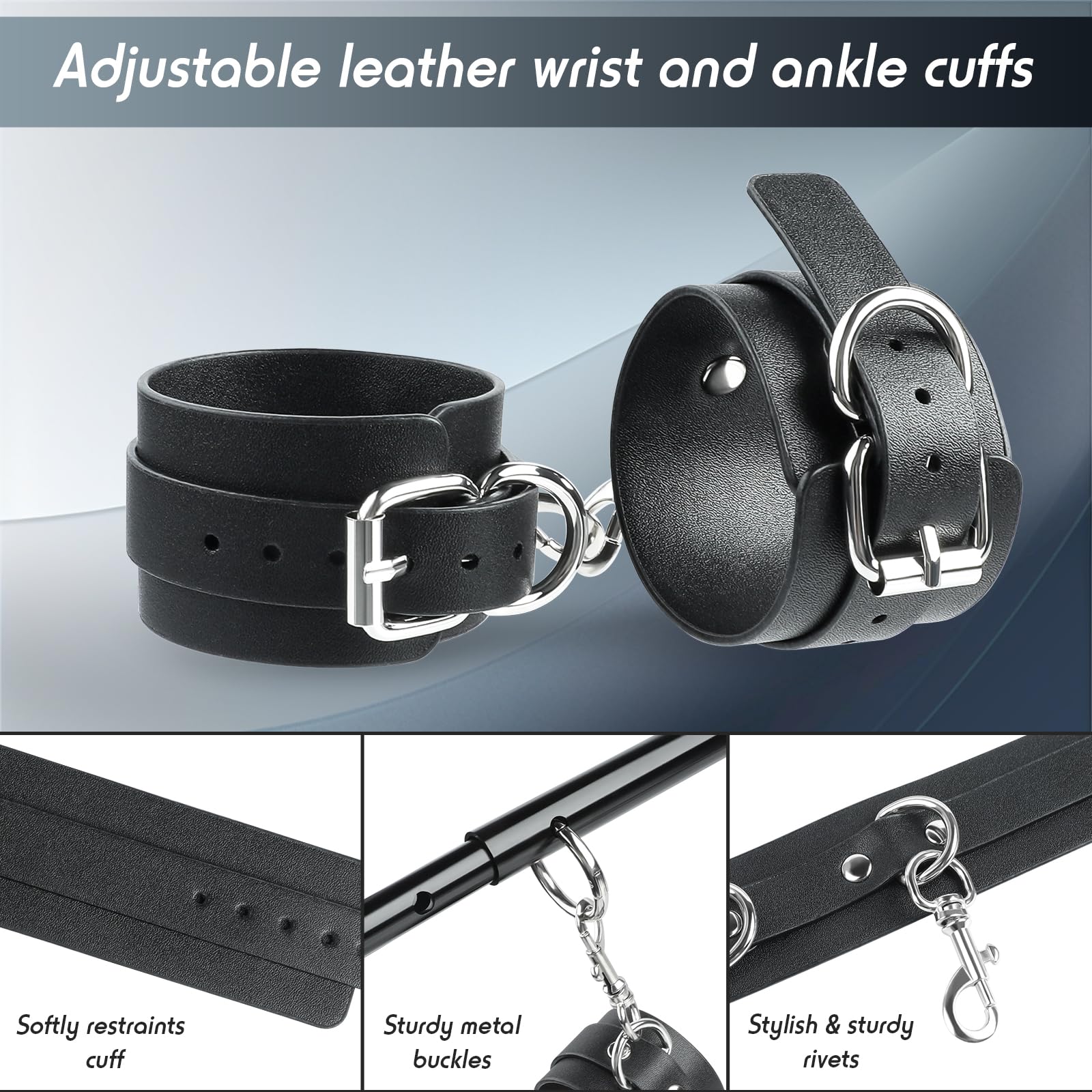 Premium BDSM Spreader Bar Bondage Kit with 4 Adjustable Cuffs, Whip & Blindfold - Black Adult Bondage Gear for Couples, SM Games & Sensual Play - Perfect for Bedroom Restraints, BDSM Scenes & Erotic Exploration