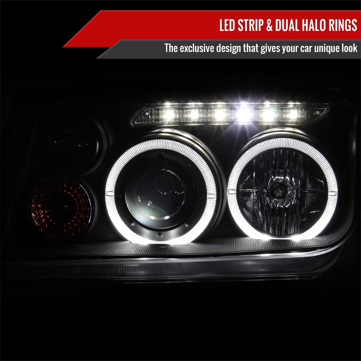 99-05 LED Halo Projector Headlights - Black with Fog Lights | High-Performance Car Headlamps for Night Driving & Off-Road Use