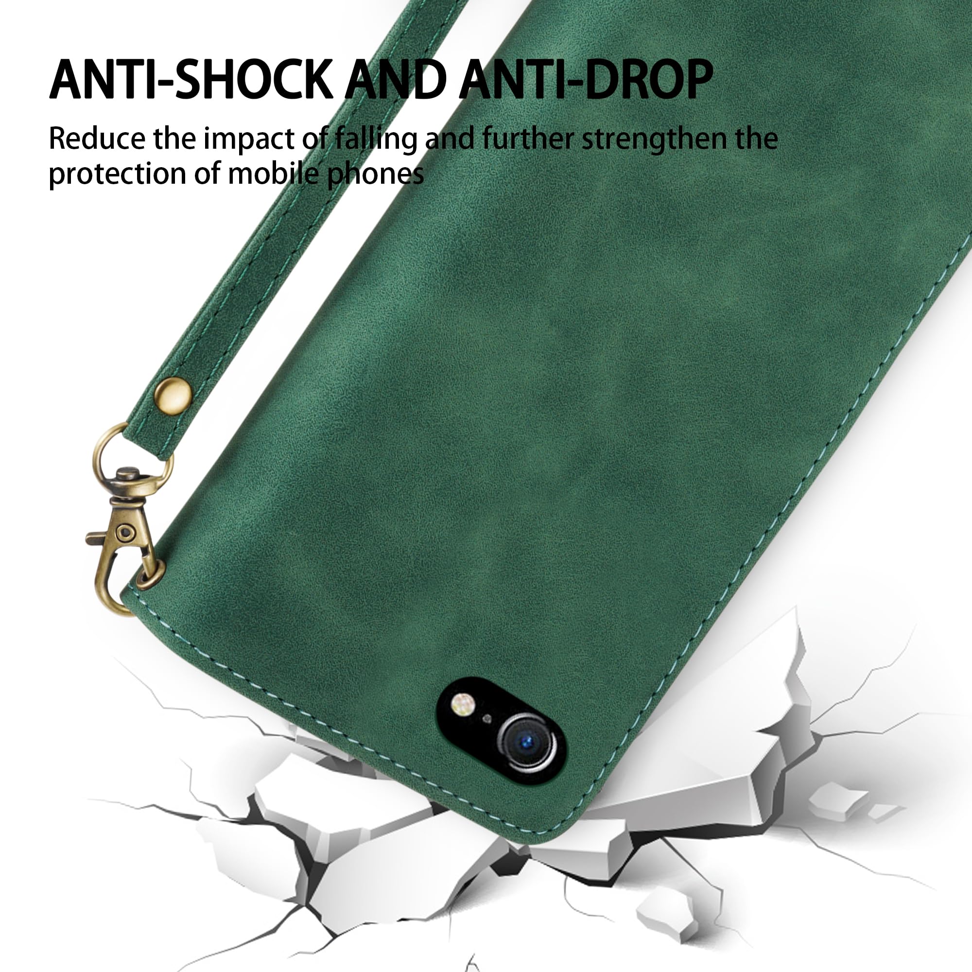 Premium RFID Blocking PU Leather Wallet Case for iPhone SE 2022/2020/8/7 - 4.7 Inch Flip Folio with Card Slots, Wrist Strap & Kickstand | Perfect for Daily Commute, Business Travel & Contactless Payment Protection (Green)