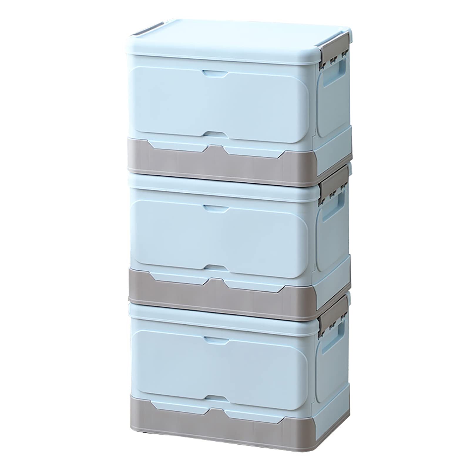3-Pack Durable Collapsible Plastic Storage Bins with Lids - Stackable Organizer for Office, Bedroom, Closet & Car Toy Storage (34×23×23cm, Blue) | Space-Saving Home & Vehicle Organization Solution