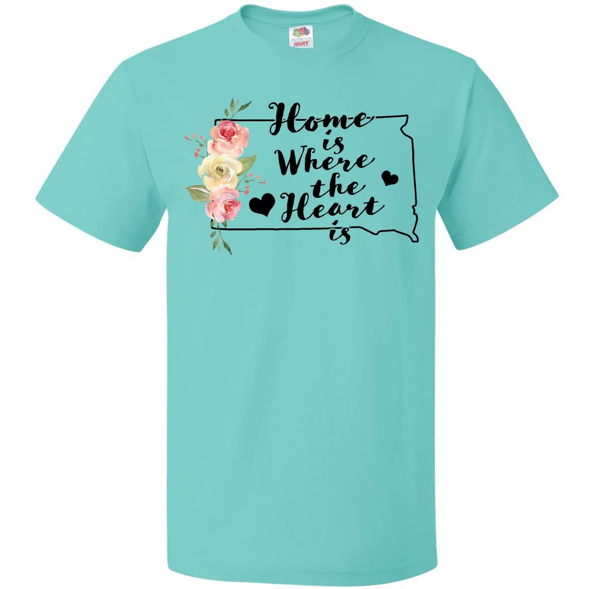 Inktastic South Dakota Home is Where The Heart is Watercolor Floral T-Shirt | Comfortable Cotton Tee for Women | Perfect for Casual Wear, Travel & State Pride