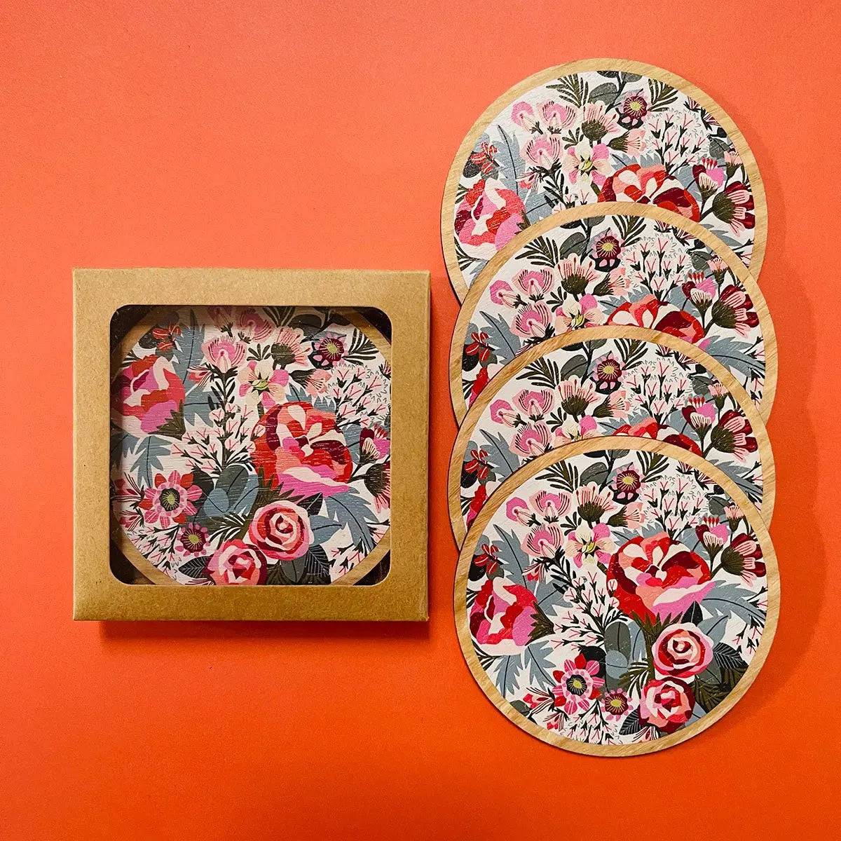 Peony Blooms Wooden Coaster & Napkin Set - Elegant Floral Coasters for Drinks with Matching Napkins - Perfect for Dining Table Decor, Wedding Gifts & Home Entertaining