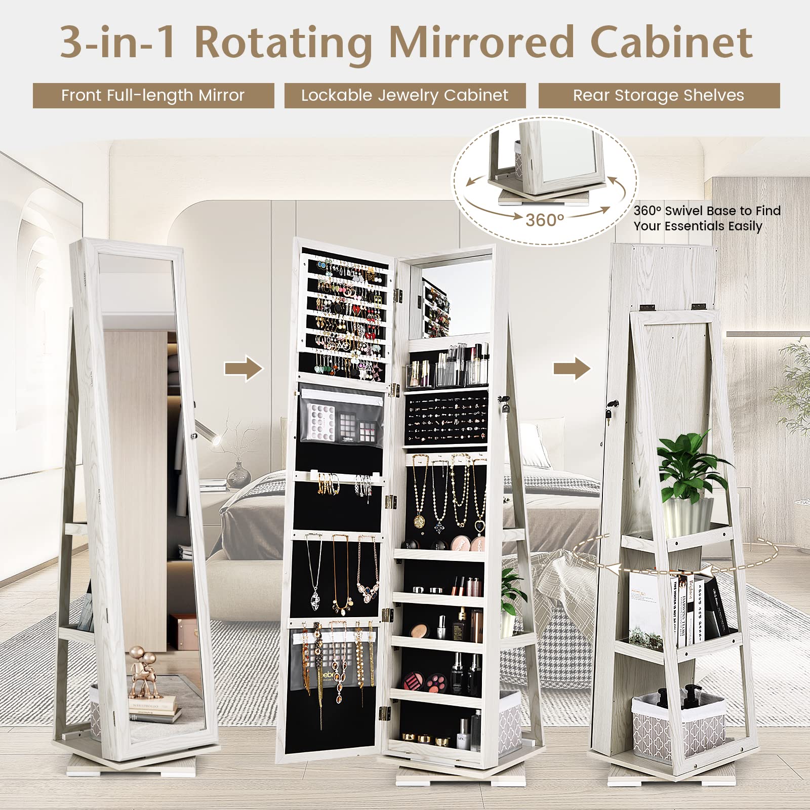 360° Rotating Jewelry Cabinet with Lock - Standing Jewelry Organizer with Full Length Mirror & Storage Shelves | Large Capacity Jewelry Armoire for Bedroom | Perfect for Closet Organization & Dressing Room Decor