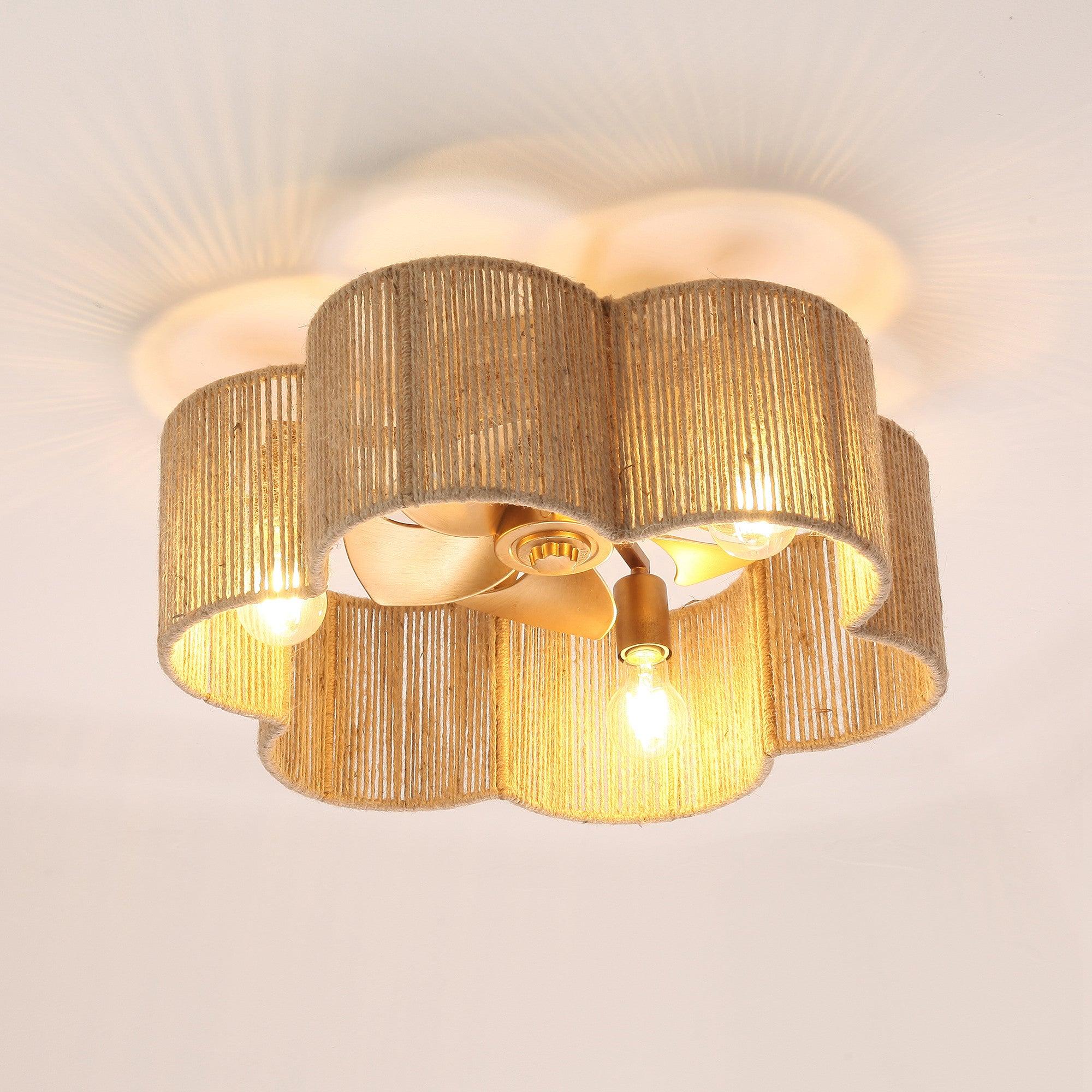 21 Inch Golden Farmhouse Rattan Ceiling Fan with Light - Remote & APP Control, Flower Shape Design for Living Room, Bedroom, and Patio
