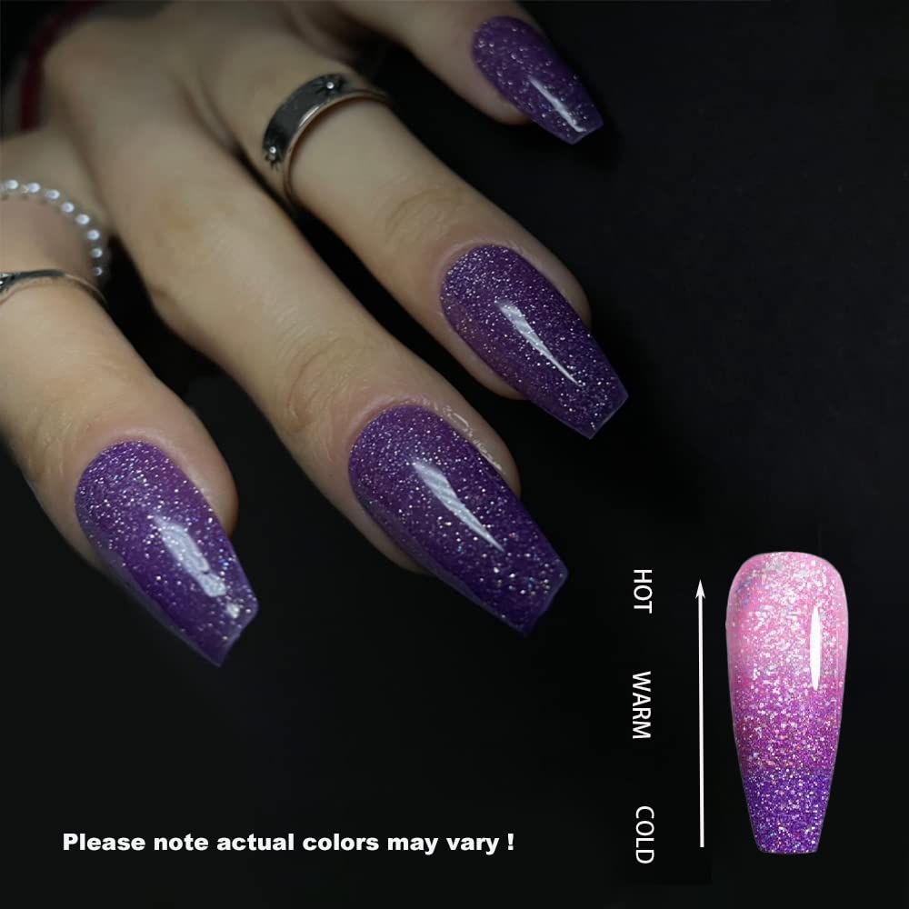 Redykat 24PCS Glossy Coffin Press On Nails - Salon Quality Acrylic Fake Nails with Thermochromic Purple Color | Extra Long False Nails for Home Manicure, Parties, Weddings & Special Occasions